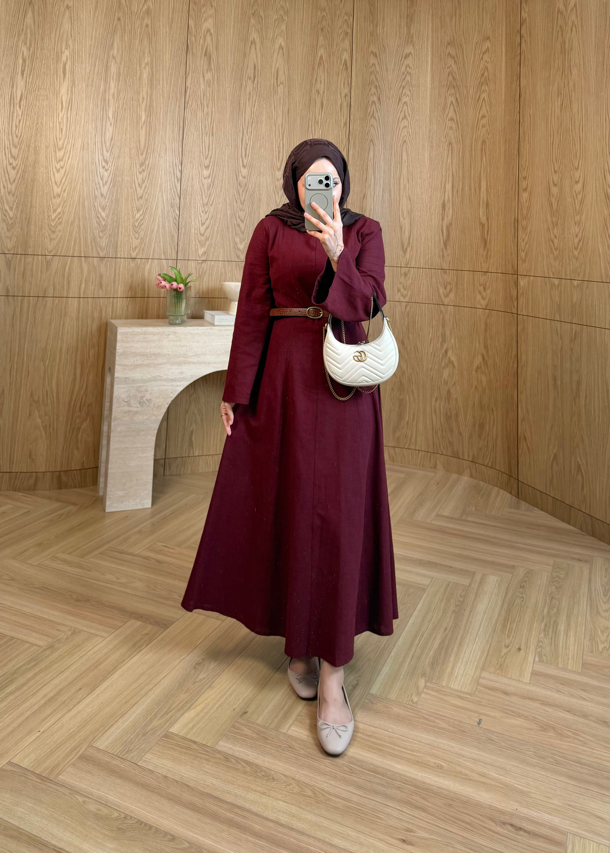 Kemerli Keten Elbise Bordo
