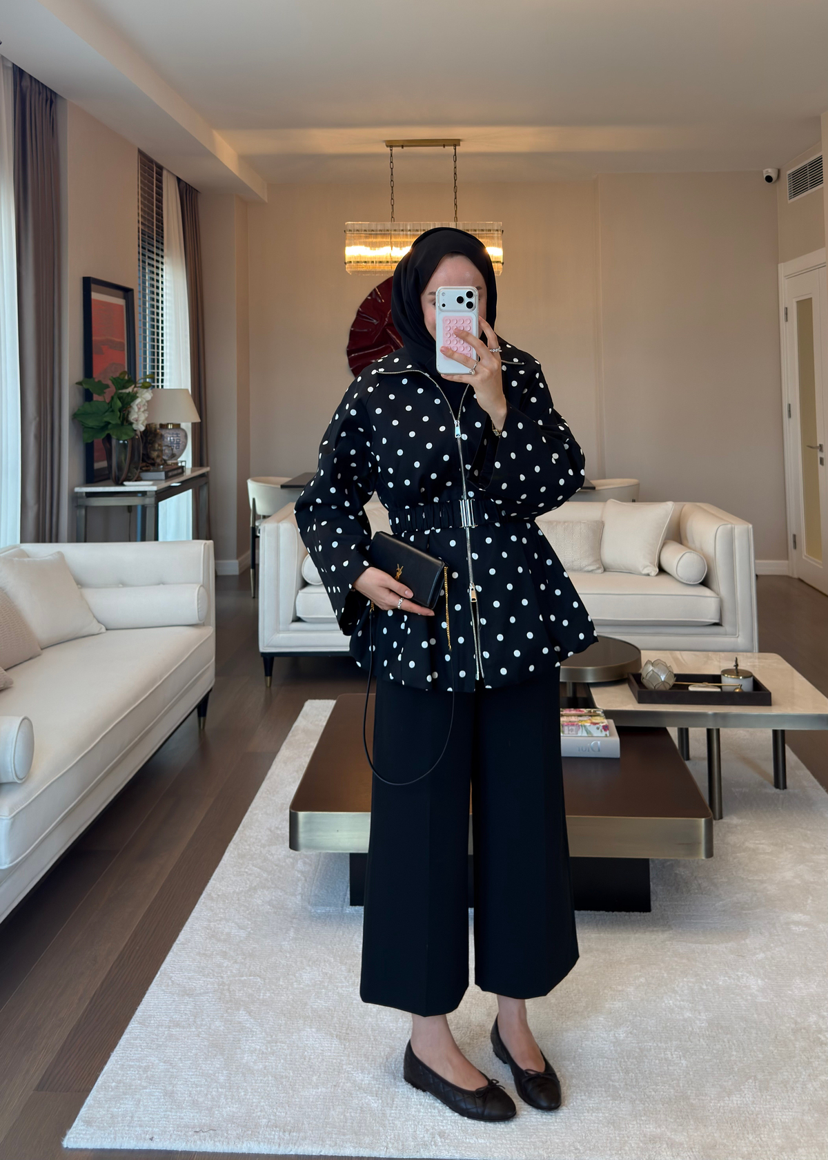 Kemerli Puantiyeli Ceket Siyah