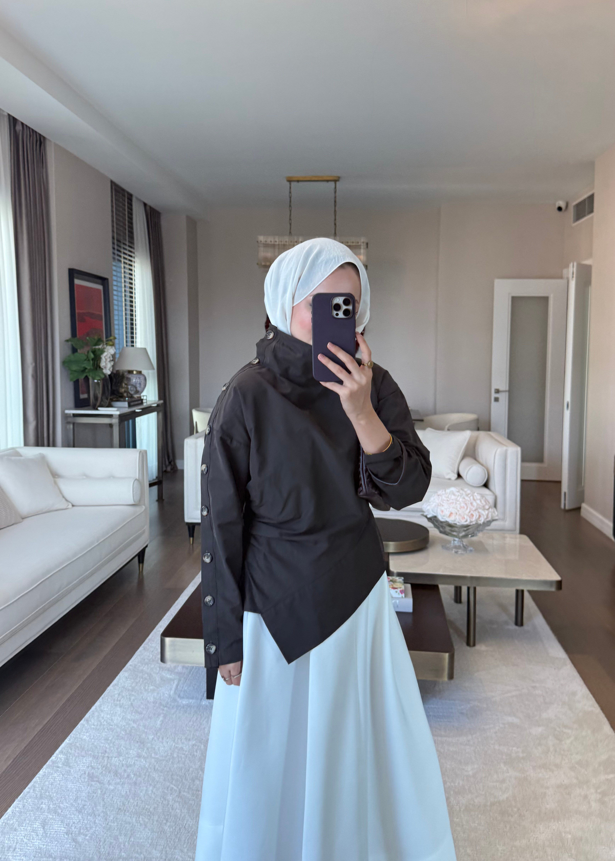 Kolu Düğme Detaylı Asimetrik Bluz Acı Kahve