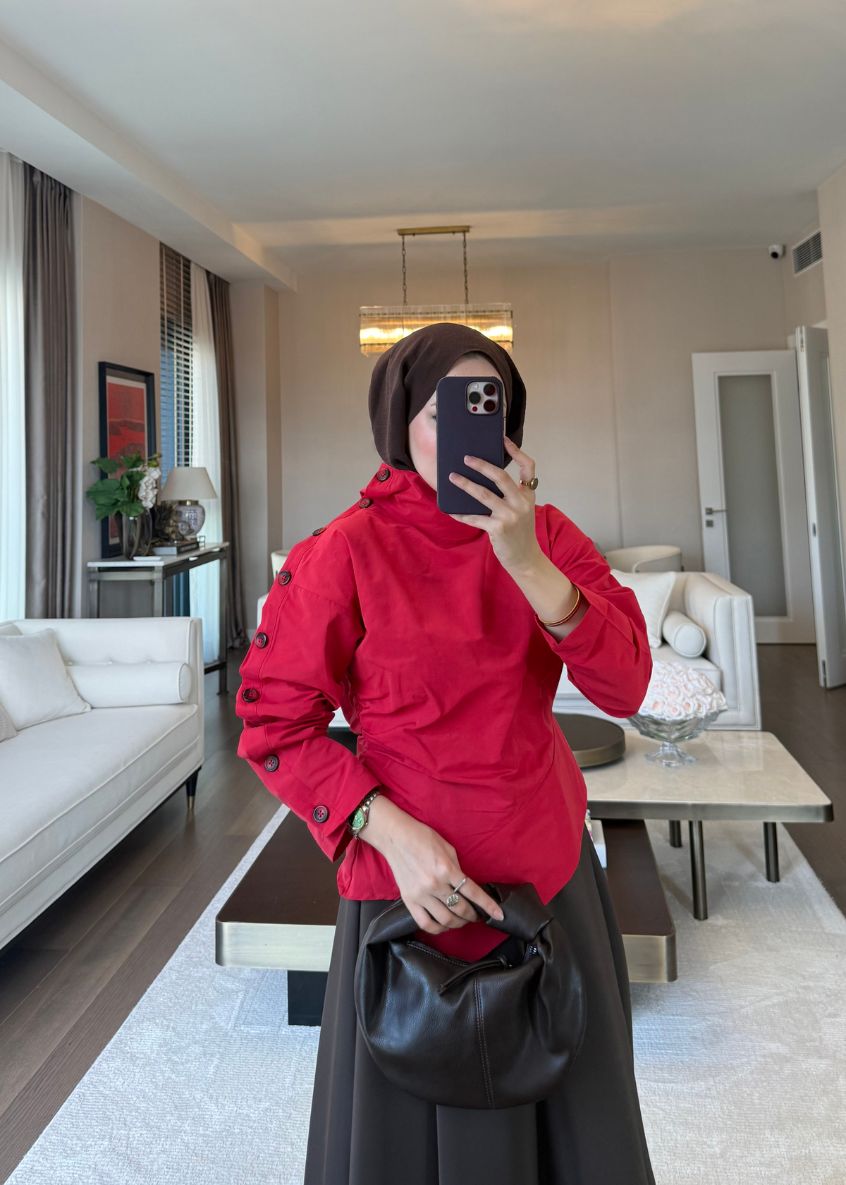 Kolu Düğme Detaylı Asimetrik Bluz Kırmızı