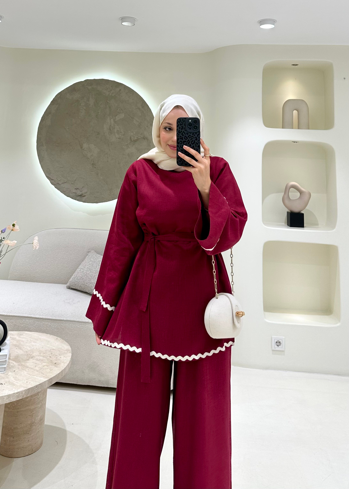 Kontrast Dikiş Detaylı Keten Takım Bordo 