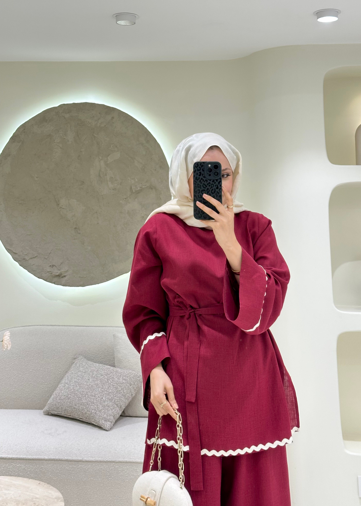 Kontrast Dikiş Detaylı Keten Takım Bordo 