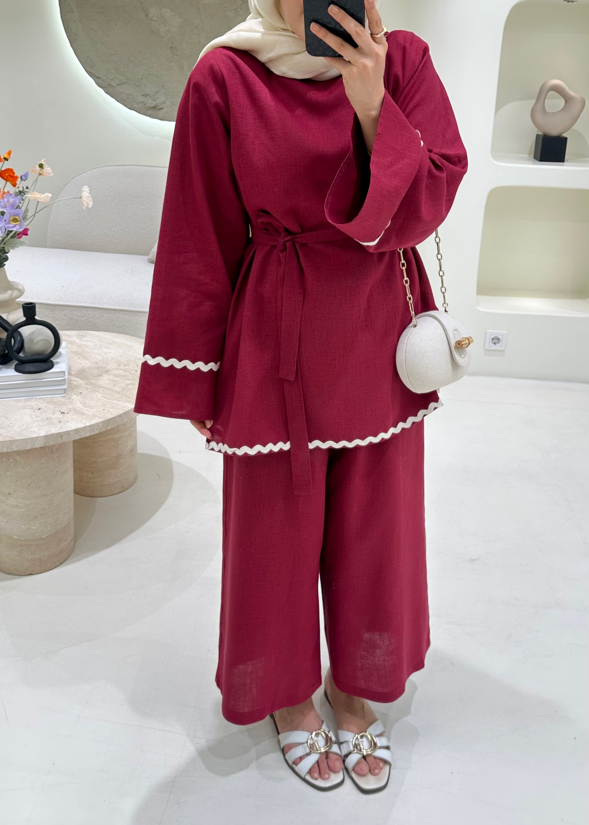 Kontrast Dikiş Detaylı Keten Takım Bordo 