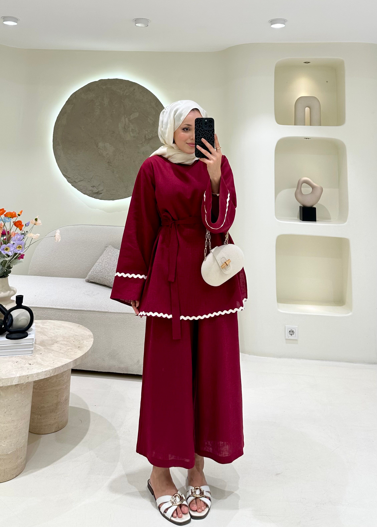 Kontrast Dikiş Detaylı Keten Takım Bordo 