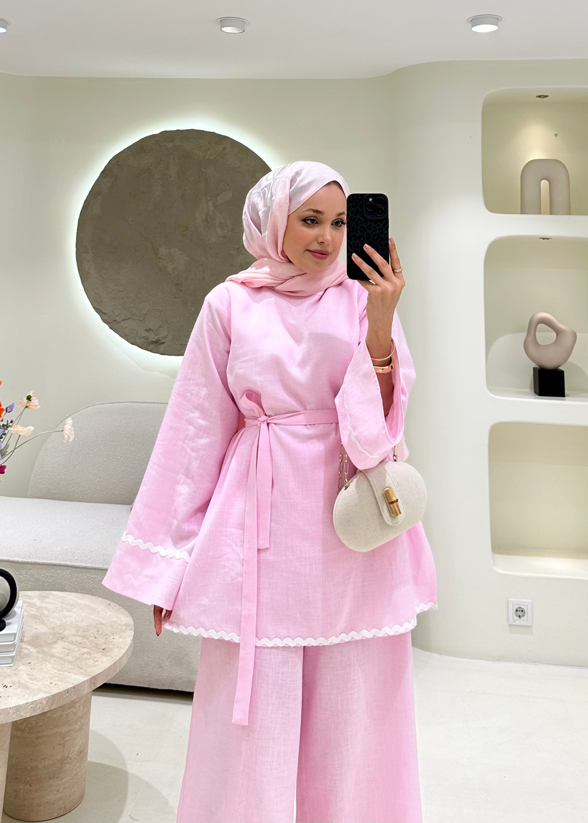 Kontrast Dikiş Detaylı Keten Takım Pembe  