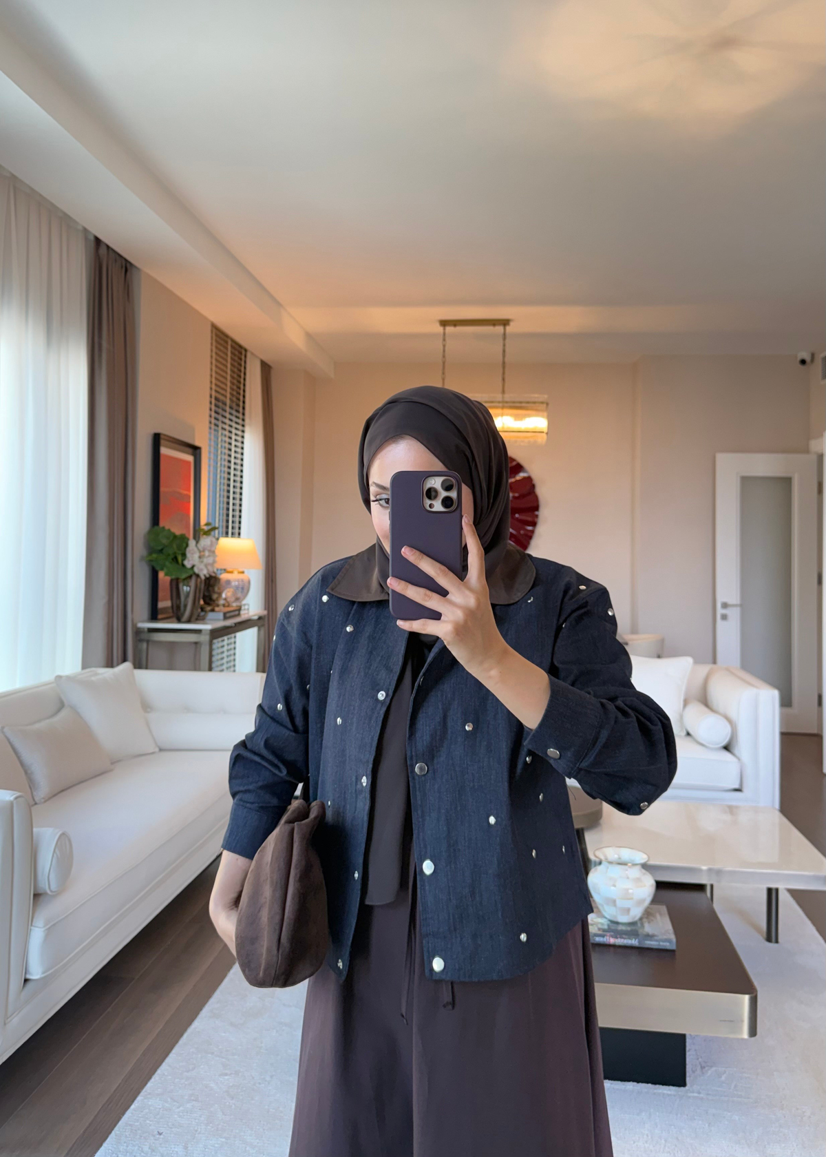Kontrast Yaka Metal Aksesuarlı Denim Ceket