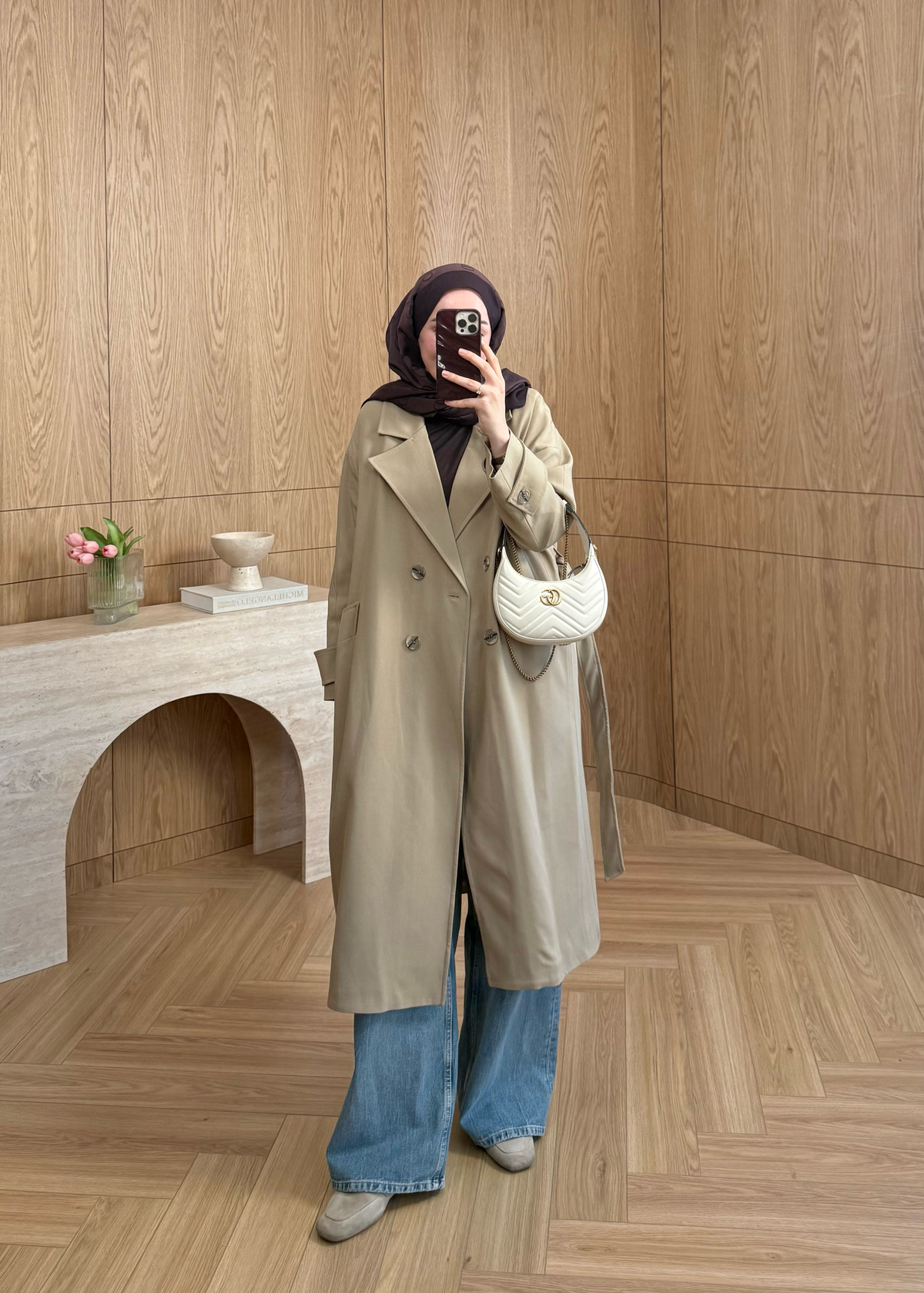 Kruvaze Yaka Astarlı Trençkot Camel 