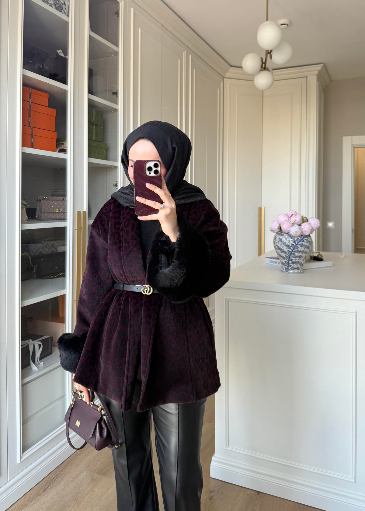 Kürk Kollu Leopar Kaban Bordo