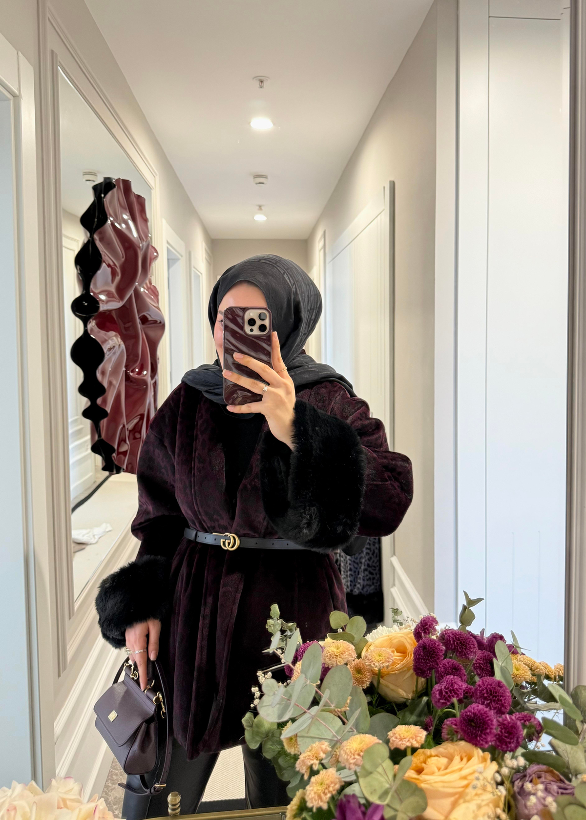 Kürk Kollu Leopar Kaban Bordo