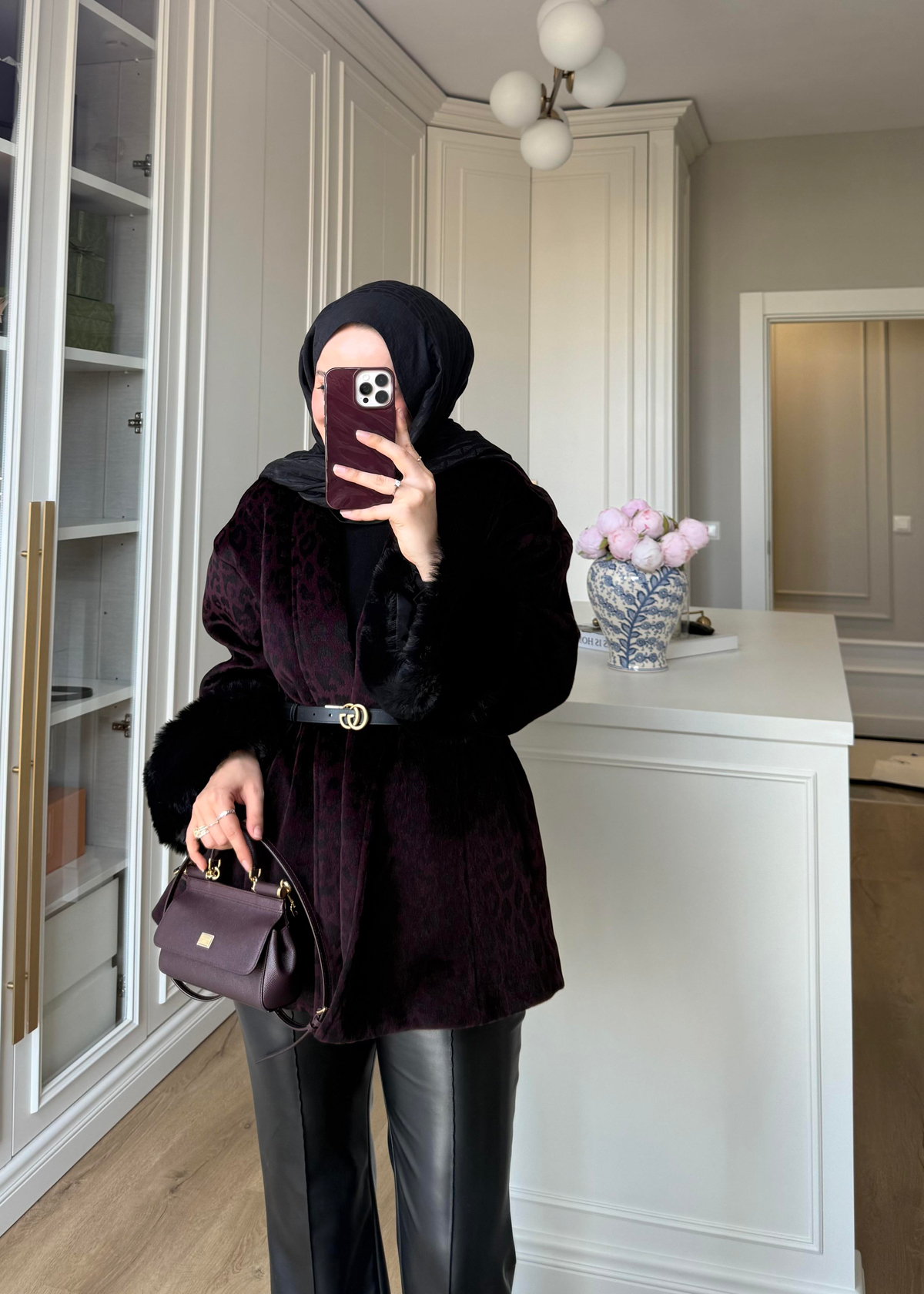Kürk Kollu Leopar Kaban Bordo