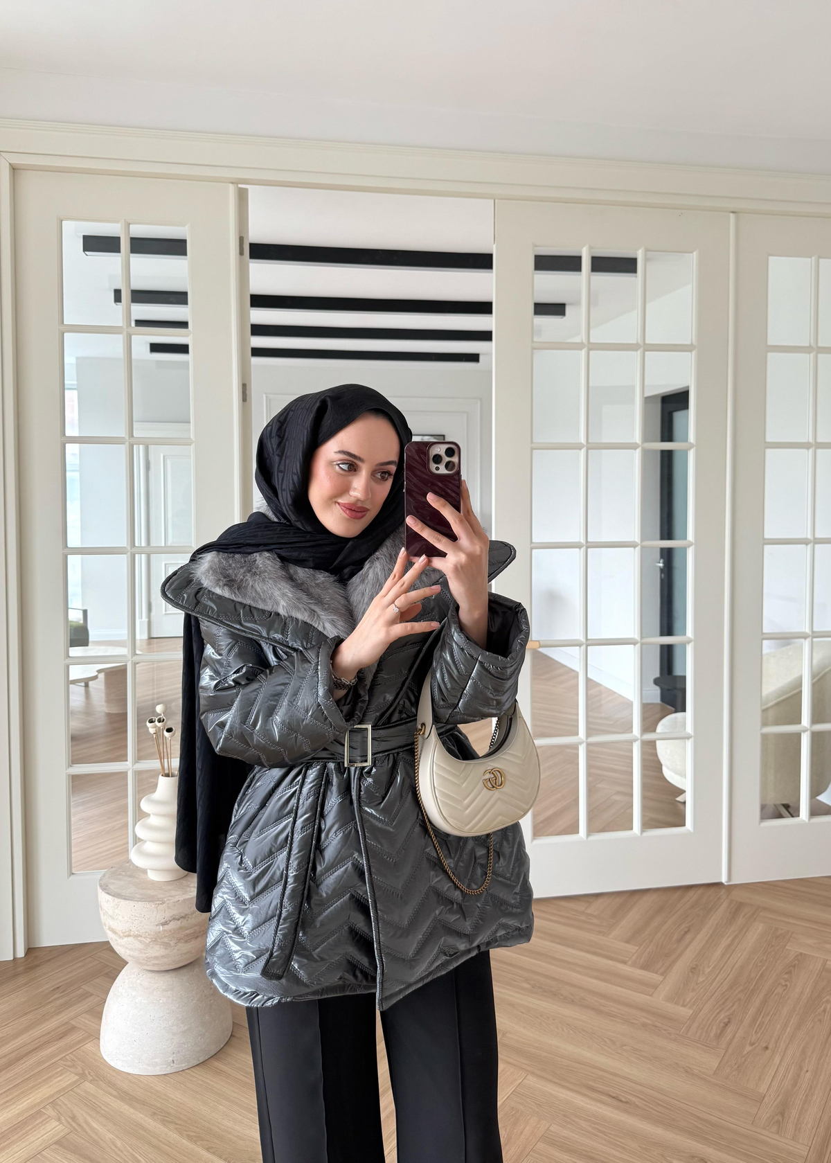 Kürklü Rugan Şişme Mont Antrasit