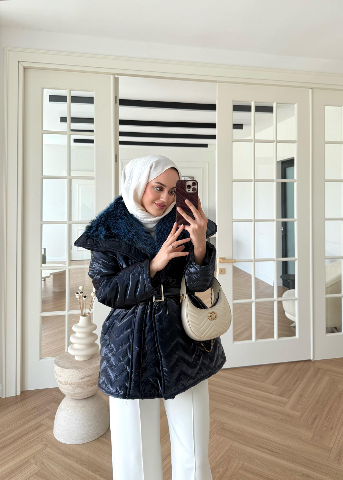 Kürklü Rugan Şişme Mont Lacivert