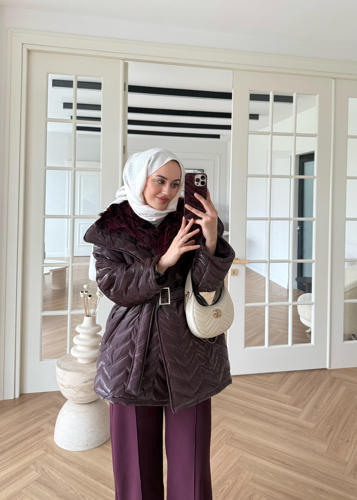Kürklü Rugan Şişme Mont Mürdüm
