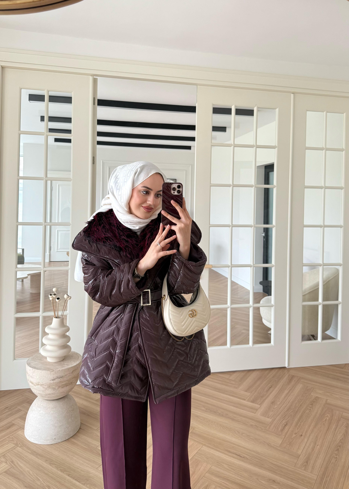 Kürklü Rugan Şişme Mont Mürdüm