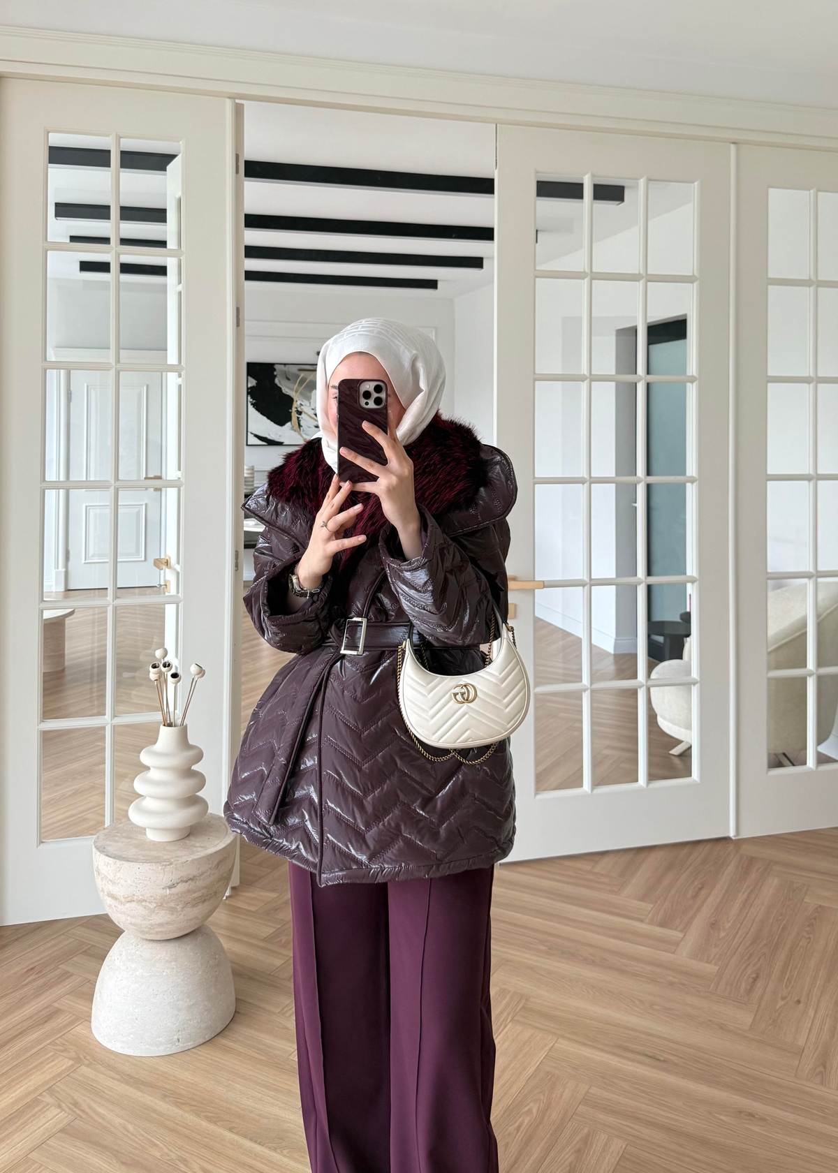Kürklü Rugan Şişme Mont Mürdüm