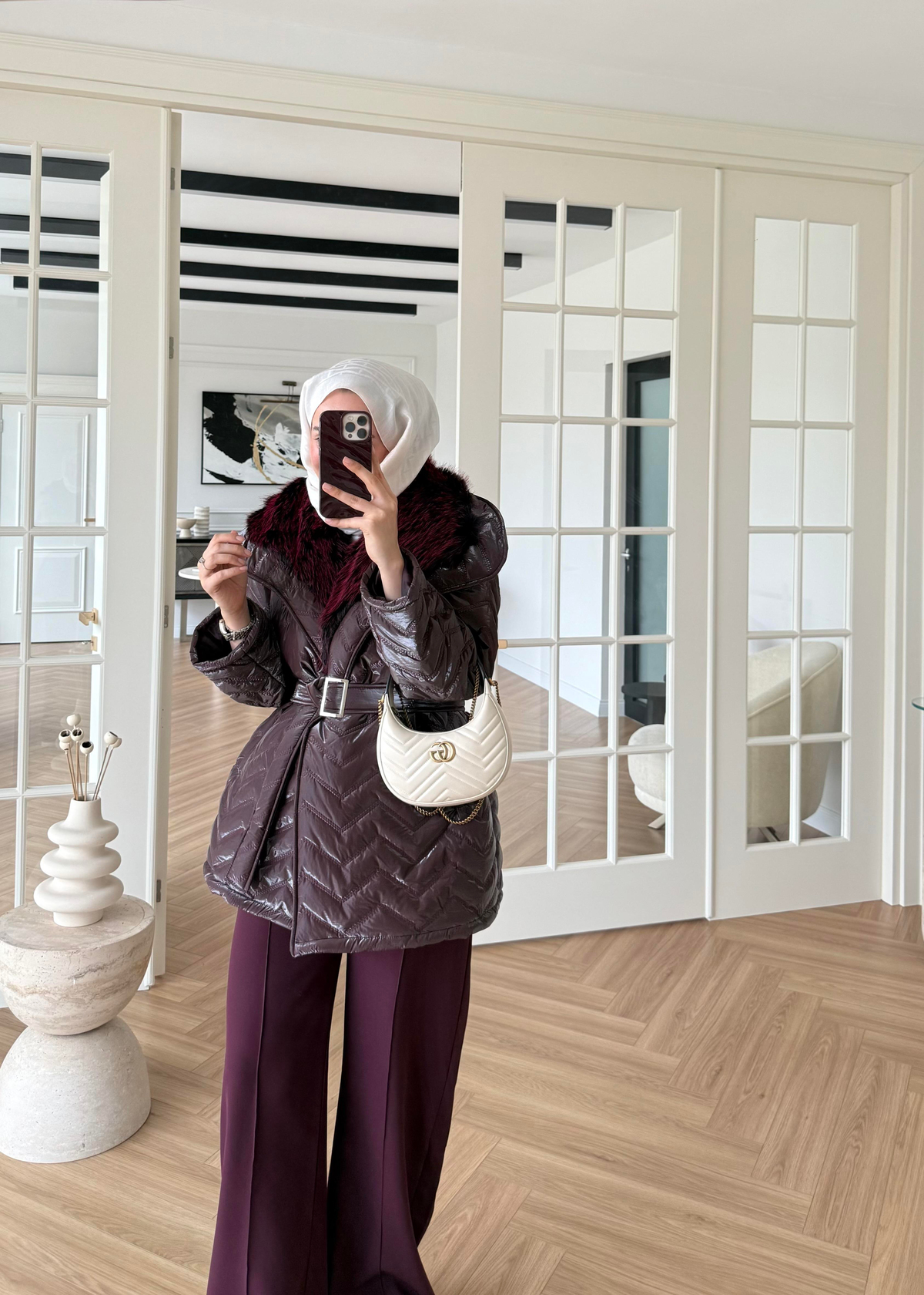 Kürklü Rugan Şişme Mont Mürdüm