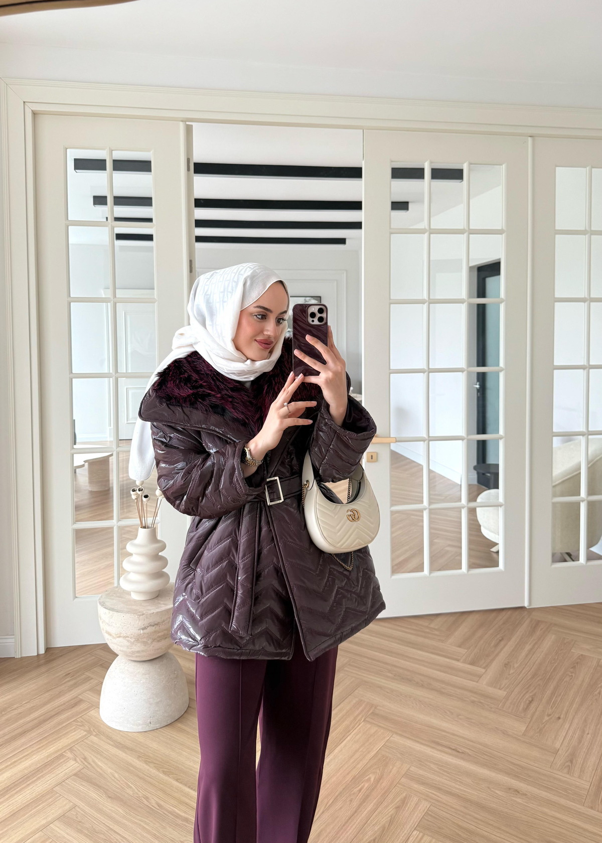 Kürklü Rugan Şişme Mont Mürdüm