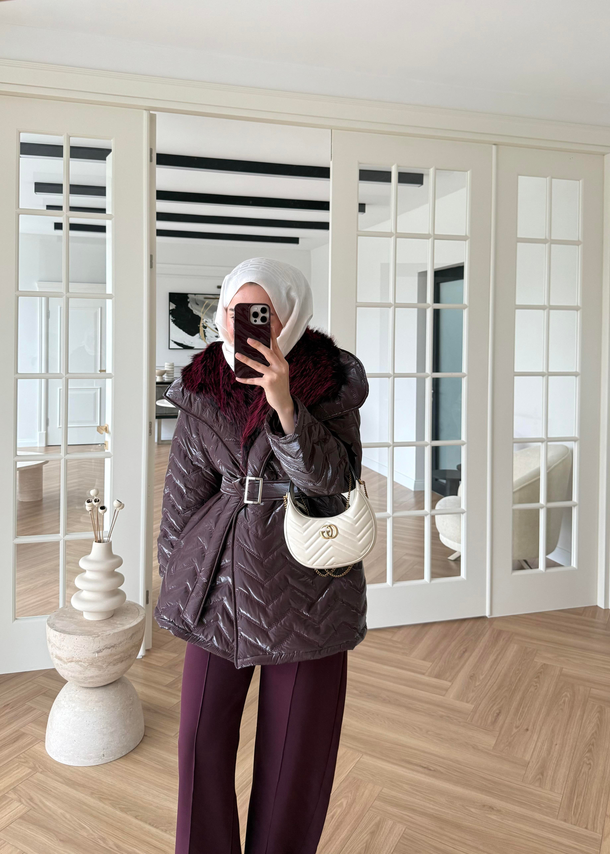 Kürklü Rugan Şişme Mont Mürdüm