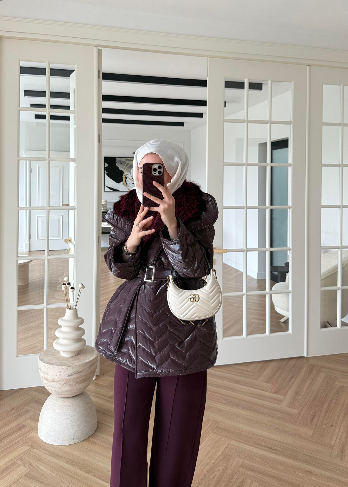 Kürklü Rugan Şişme Mont Mürdüm