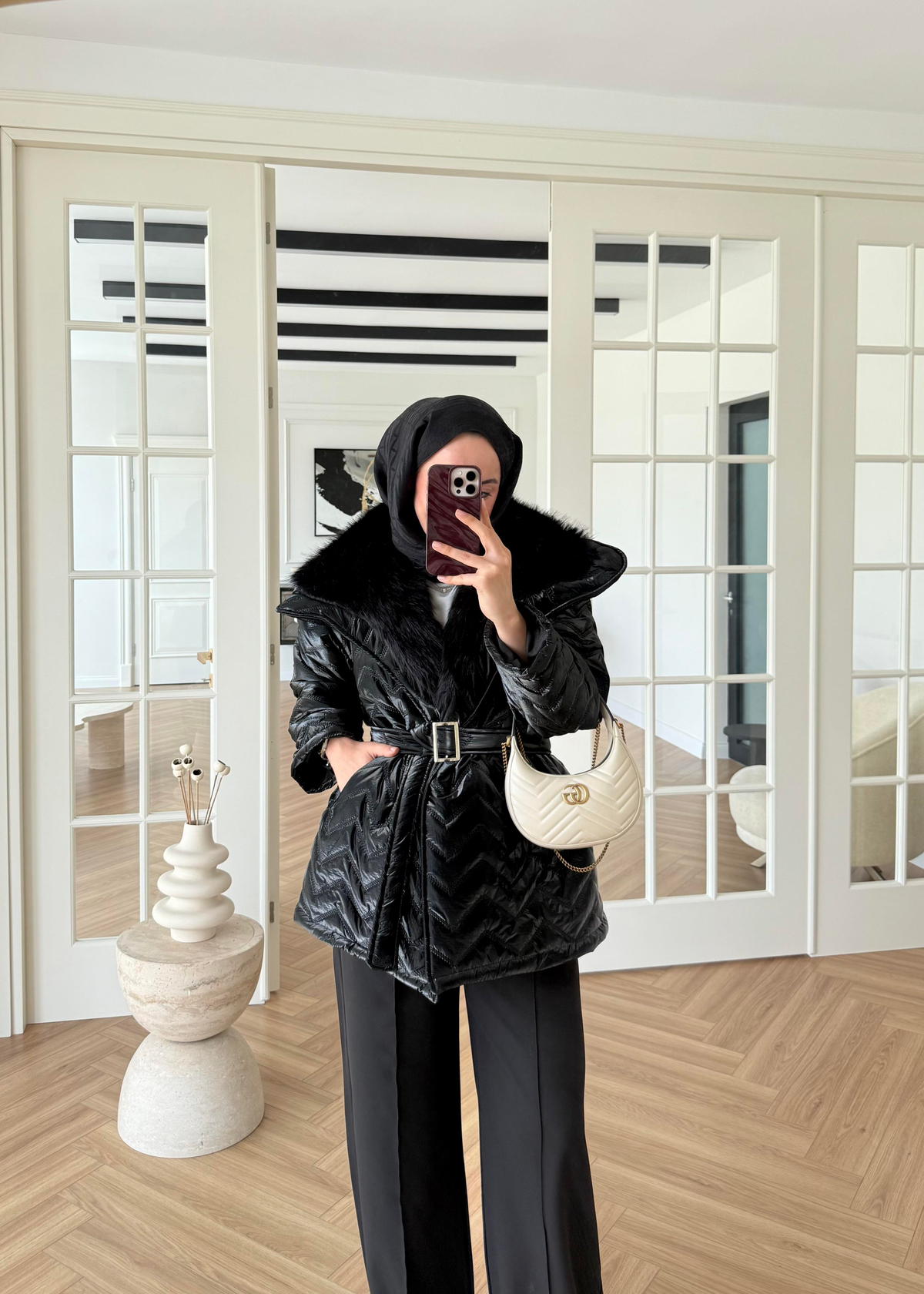 Kürklü Rugan Şişme Mont Siyah