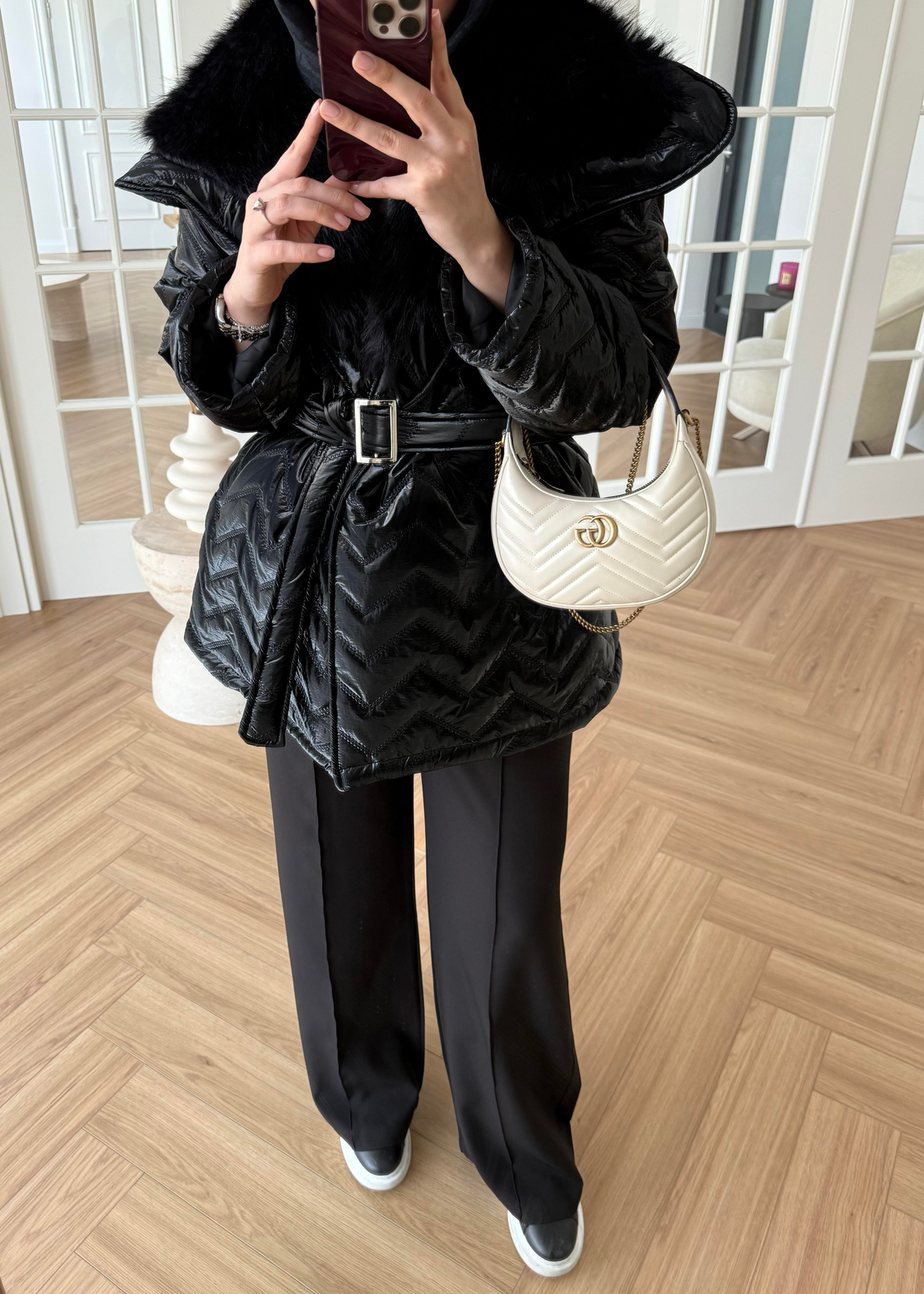 Kürklü Rugan Şişme Mont Siyah