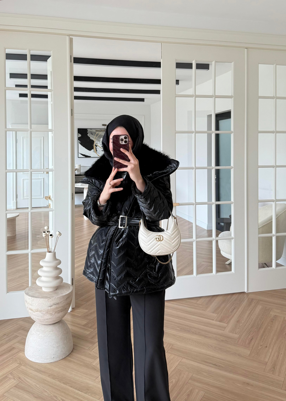 Kürklü Rugan Şişme Mont Siyah