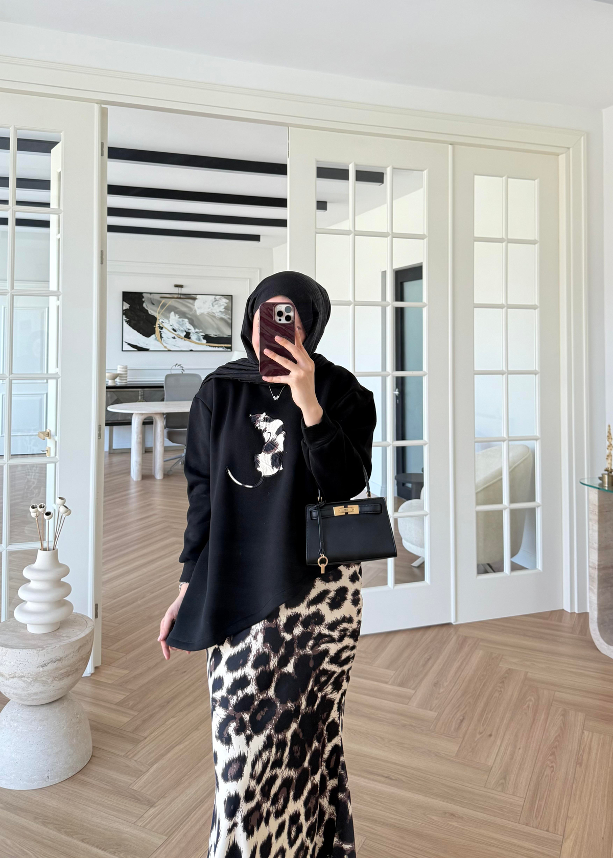 Leopar Etekli Takım Siyah