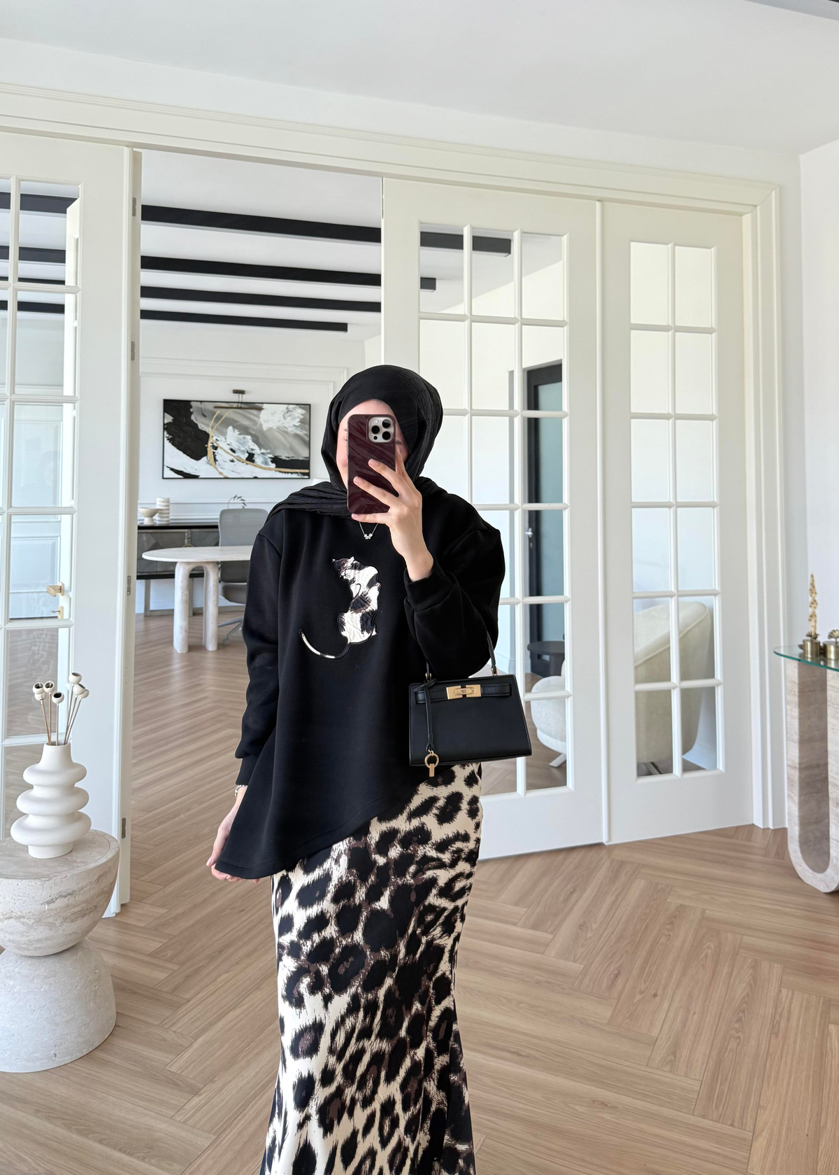 Leopar Etekli Takım Siyah