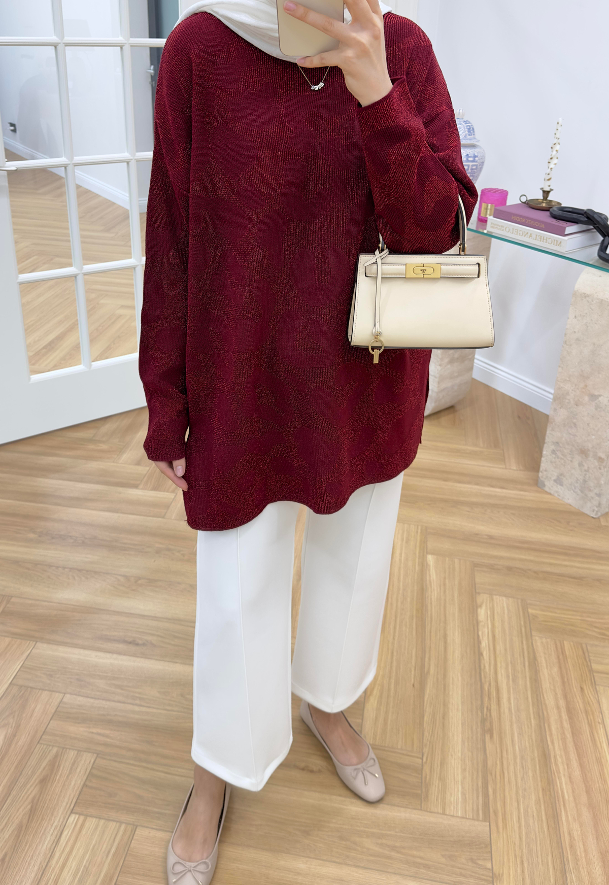 Leoparlı Simli Triko Bordo