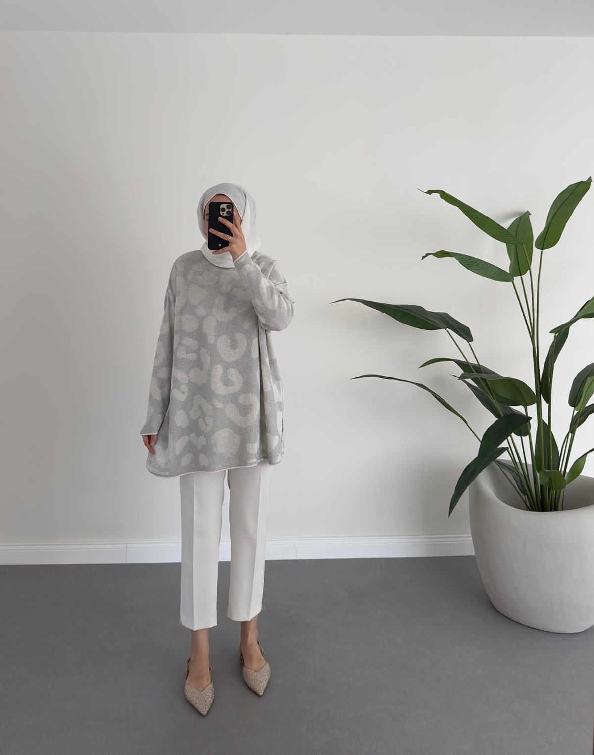 Leoparlı Simli Triko Gri