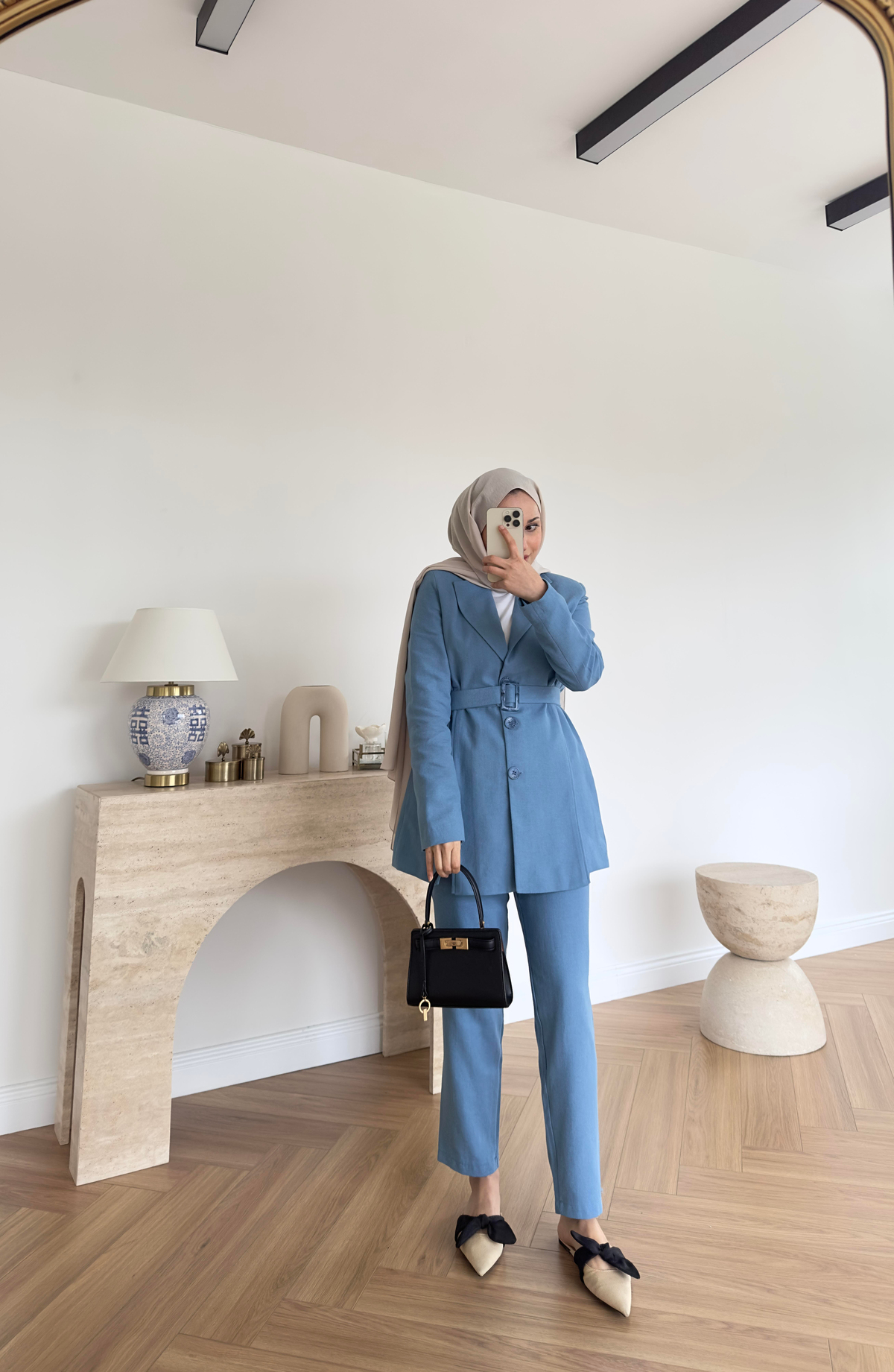 Linda Yırtmaç Detaylı Keten Takım Mavi