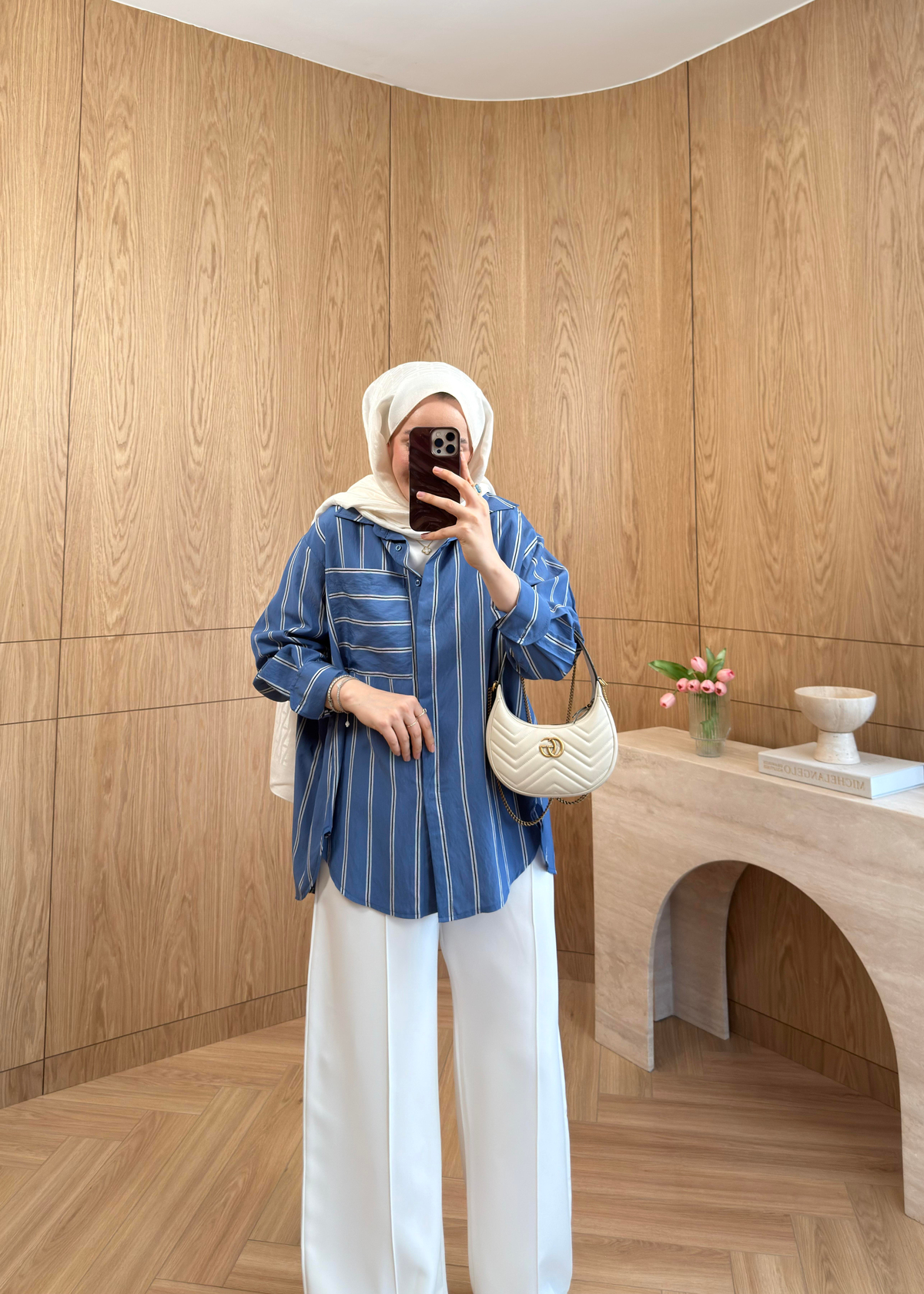 Lora Çizgili Oversize Gömlek Mavi