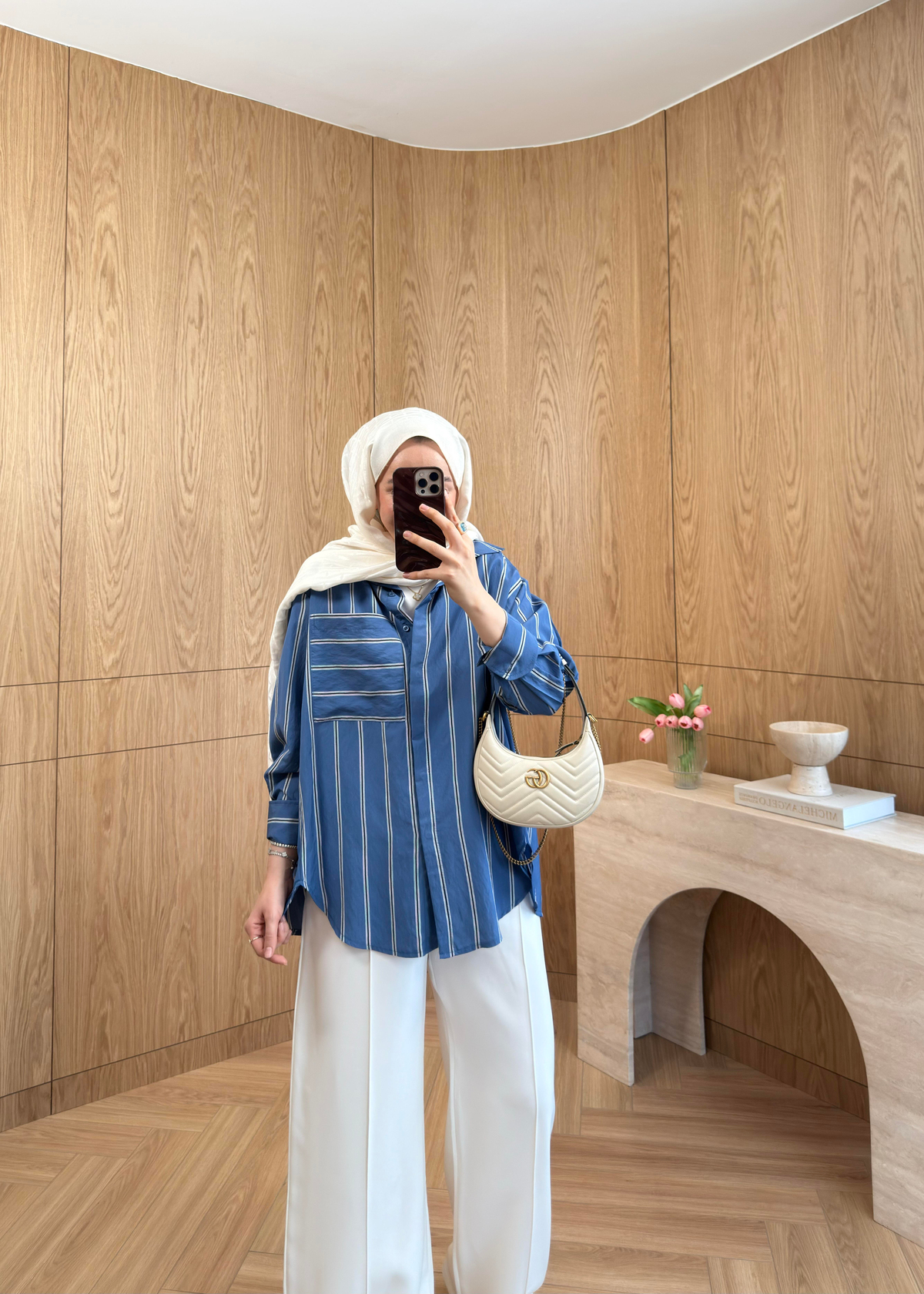 Lora Çizgili Oversize Gömlek Mavi