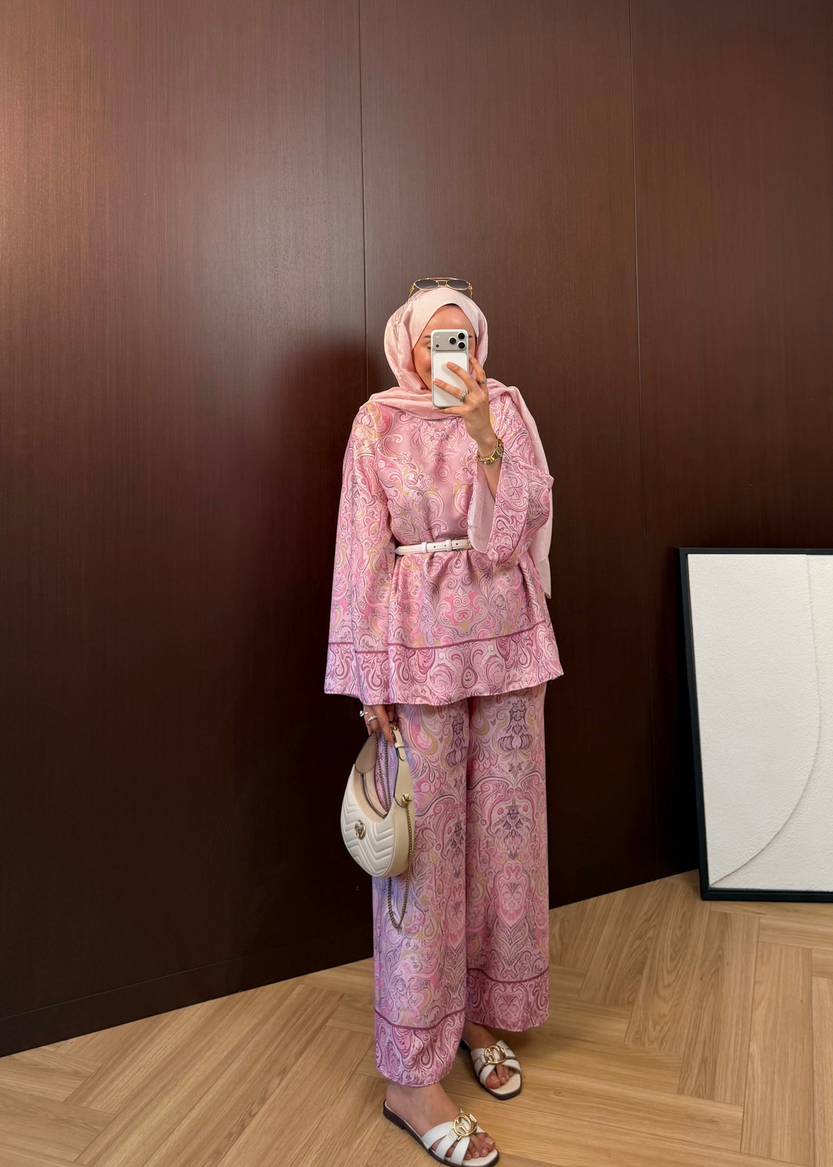 Şal Desen Pantolonlu Takım Pembe