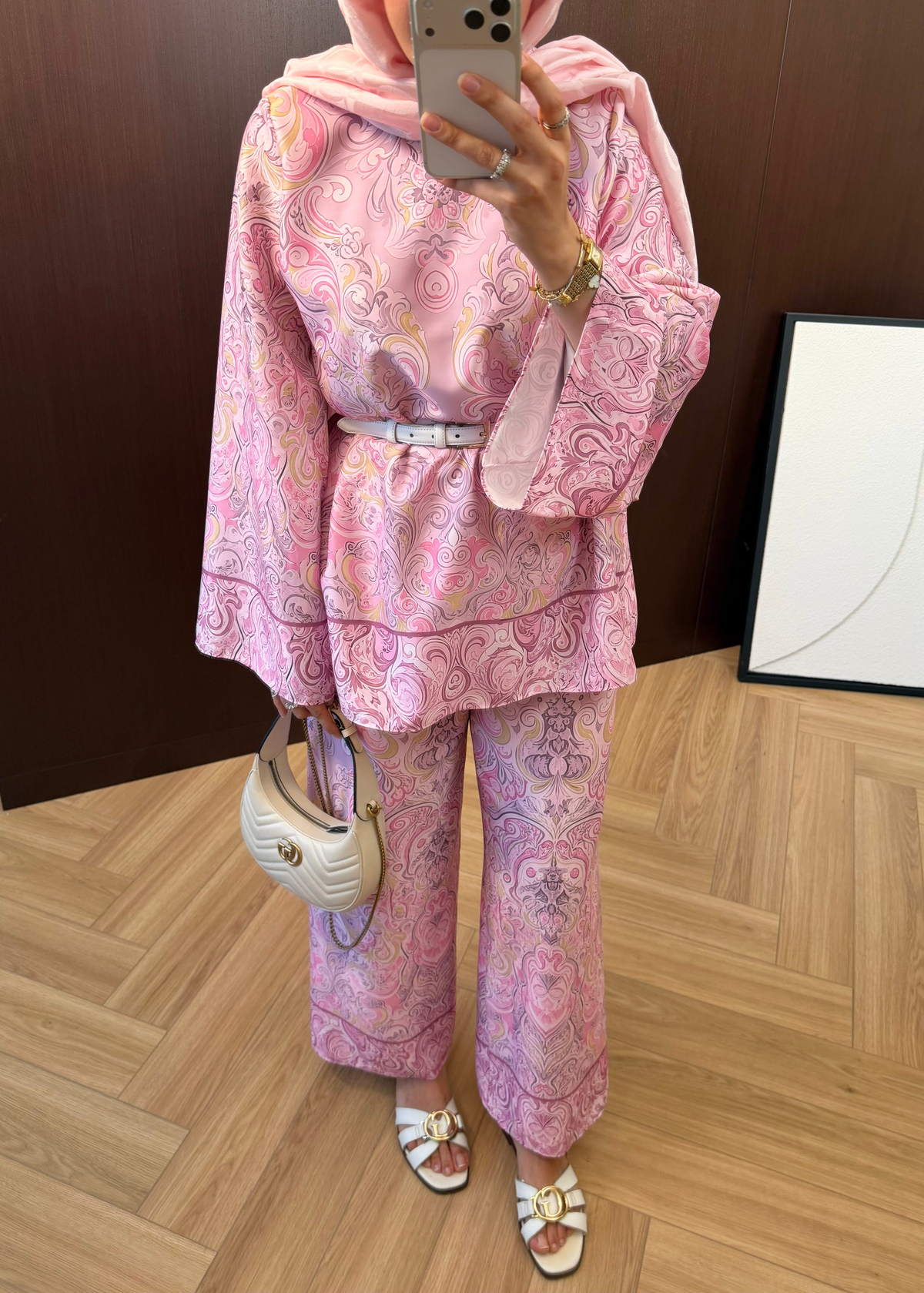 Şal Desen Pantolonlu Takım Pembe
