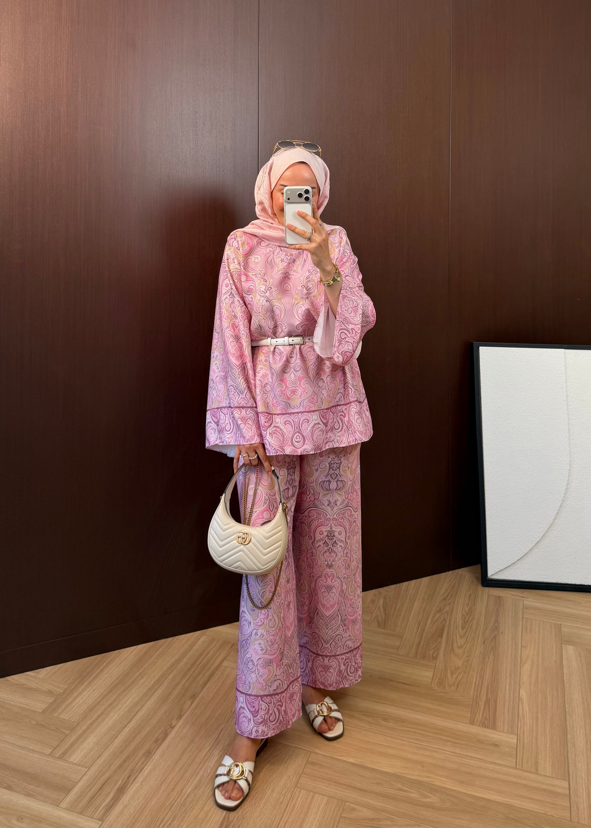 Şal Desen Pantolonlu Takım Pembe