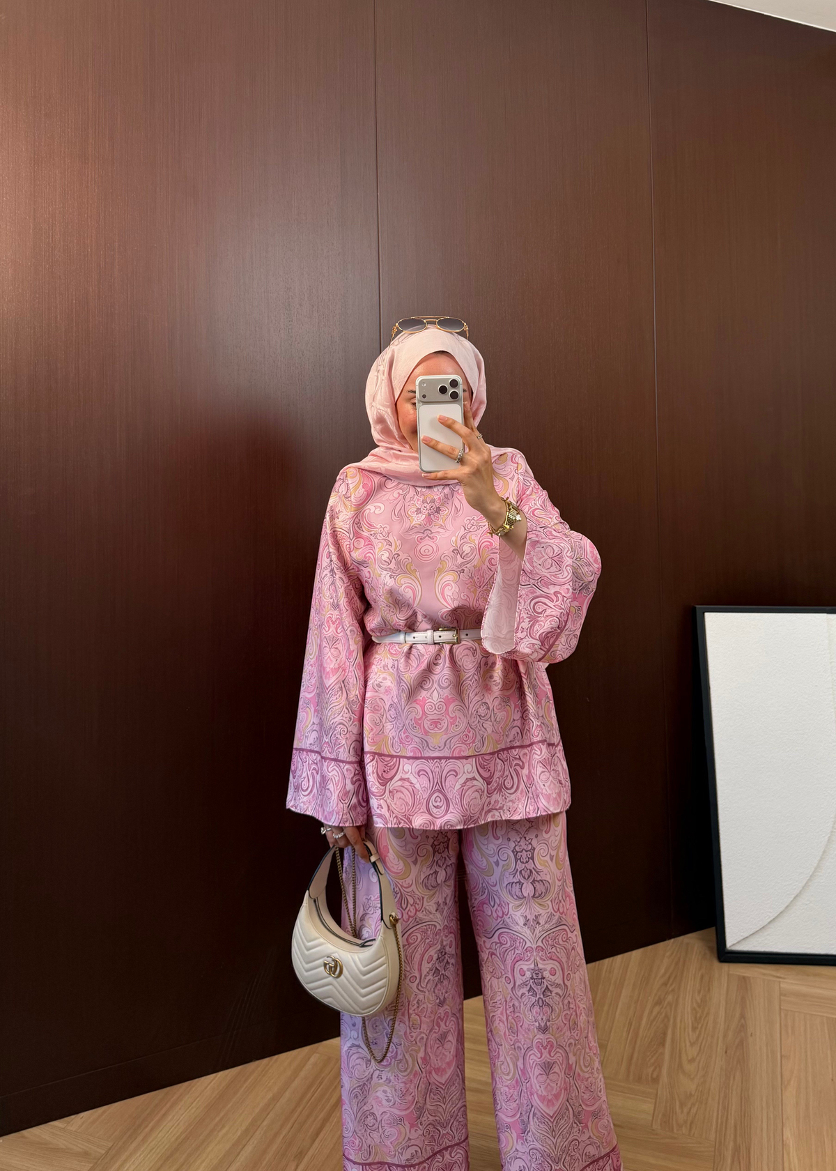 Şal Desen Pantolonlu Takım Pembe