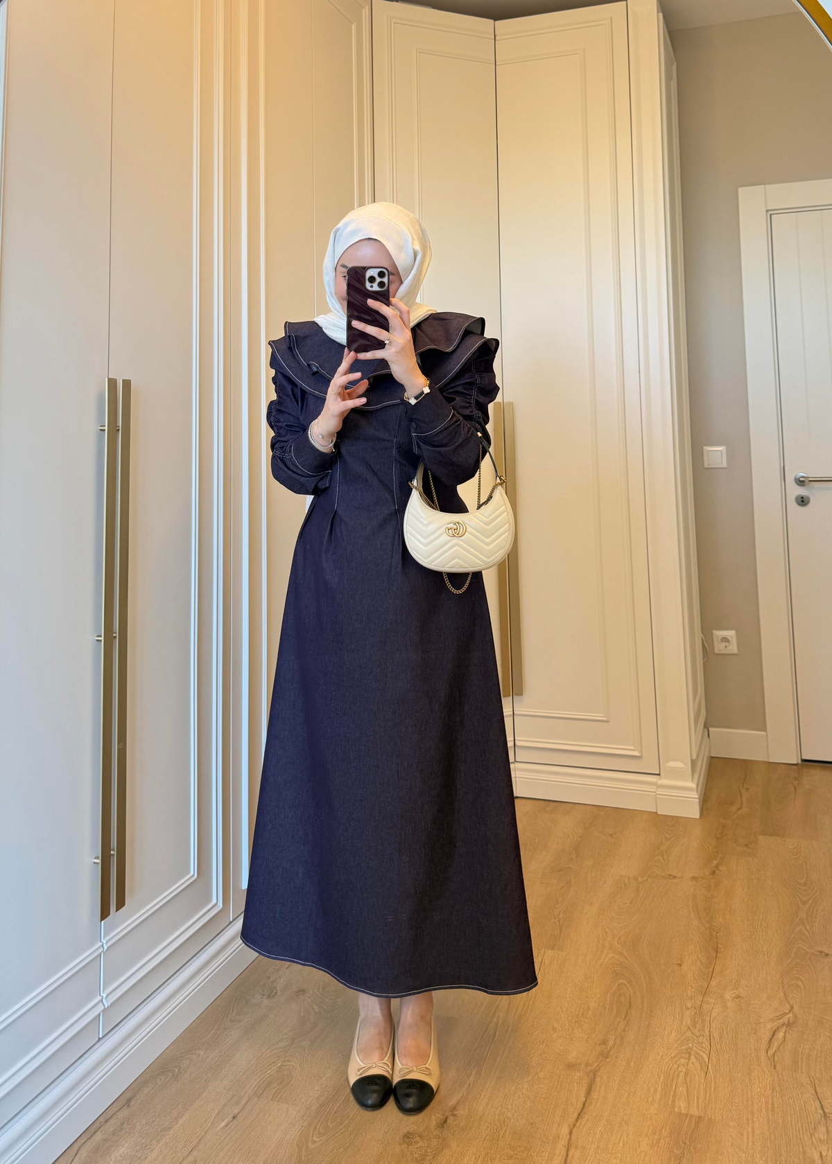 Mori Yakalı Denim Elbise Mürdüm