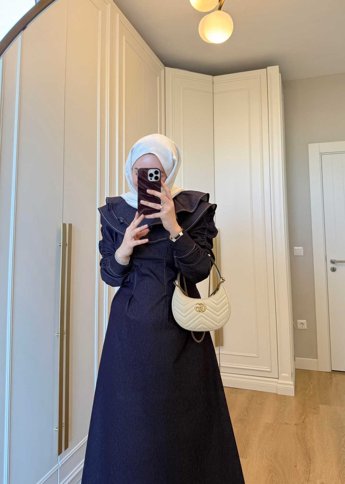 Mori Yakalı Denim Elbise Mürdüm