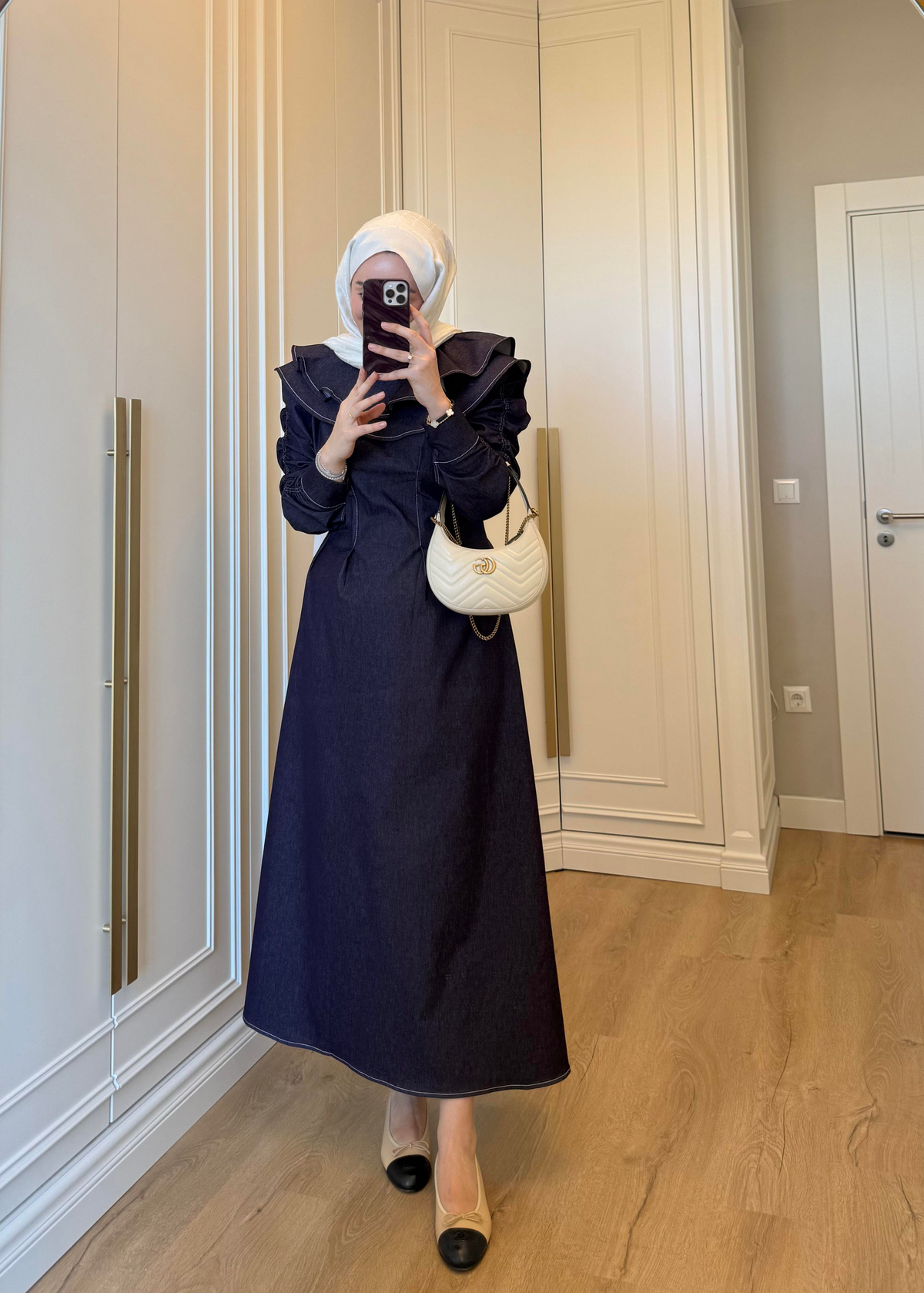 Mori Yakalı Denim Elbise Mürdüm