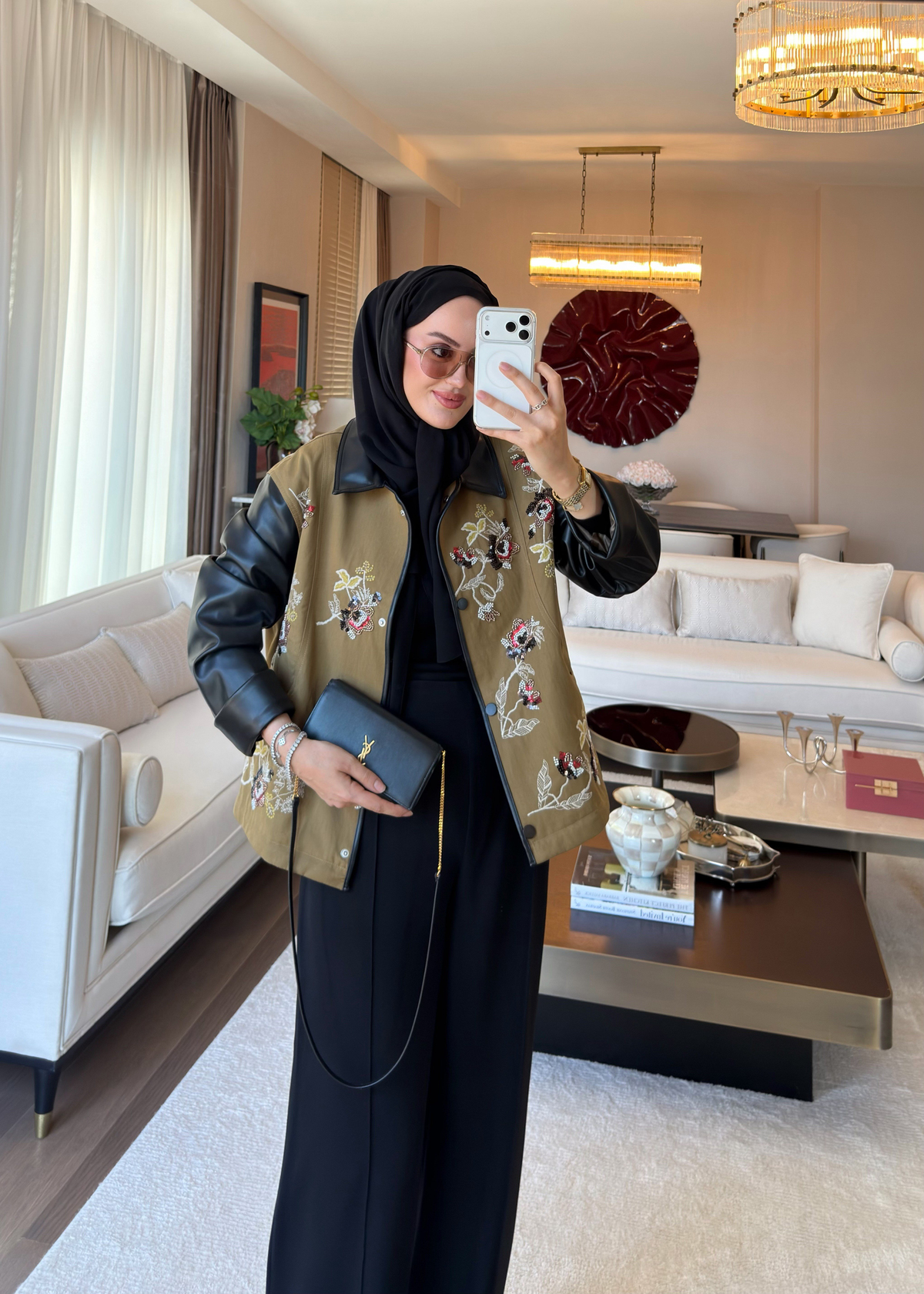 Nakışlı Deri Detaylı Ceket Haki