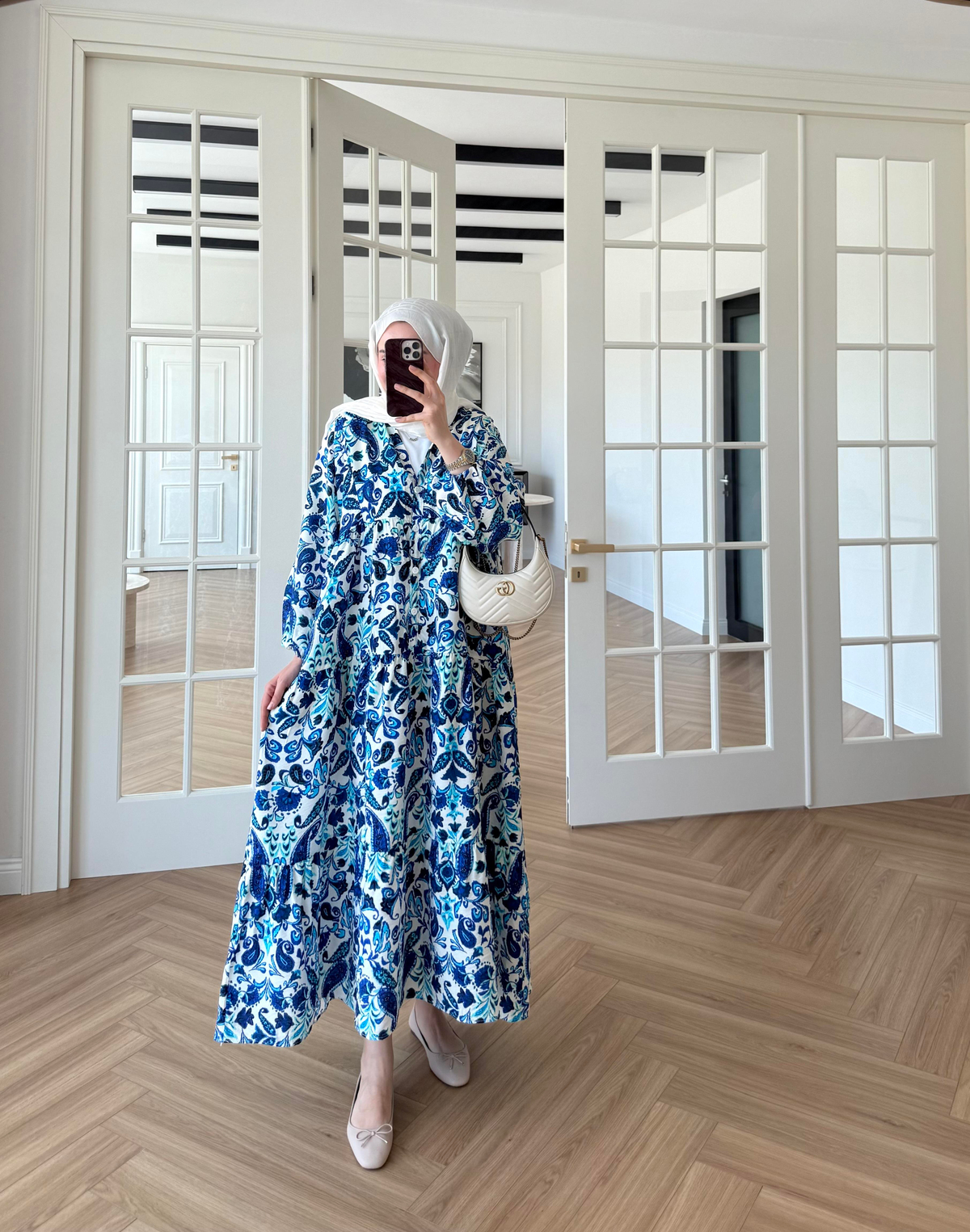 Nilya Şal Desen Mango Elbise Mavi