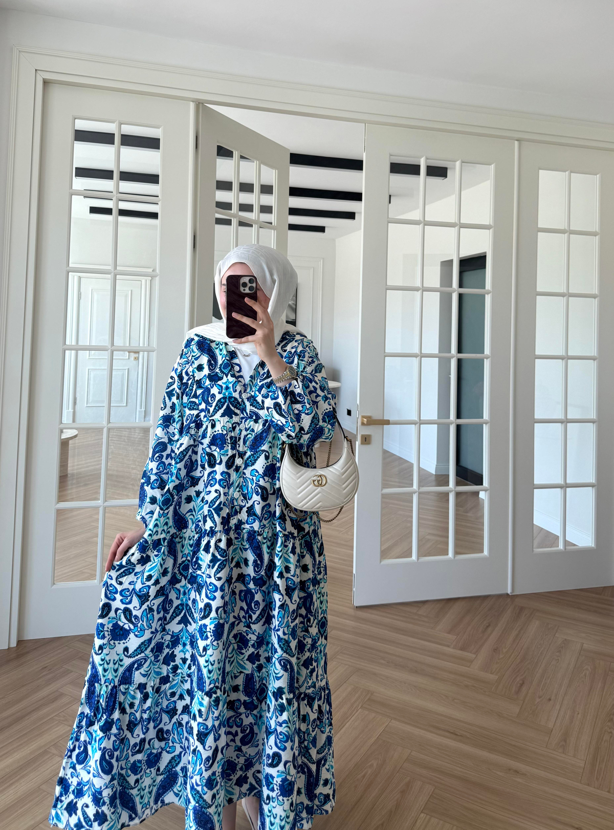 Nilya Şal Desen Mango Elbise Mavi