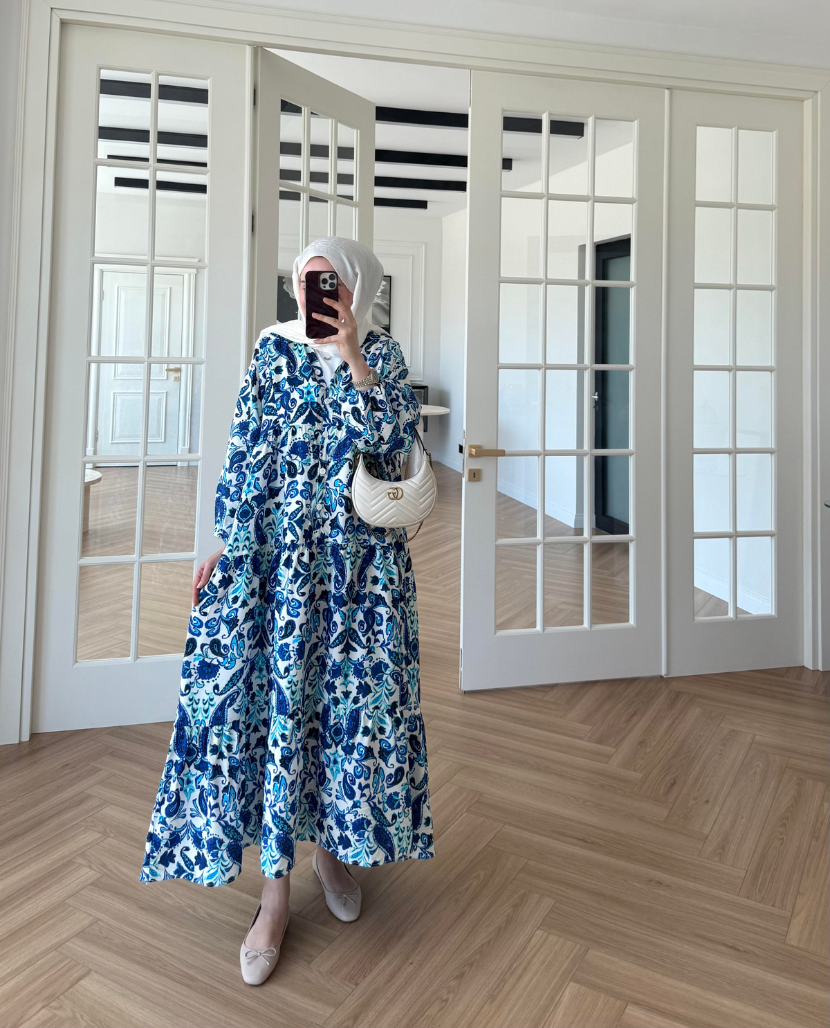 Nilya Şal Desen Mango Elbise Mavi