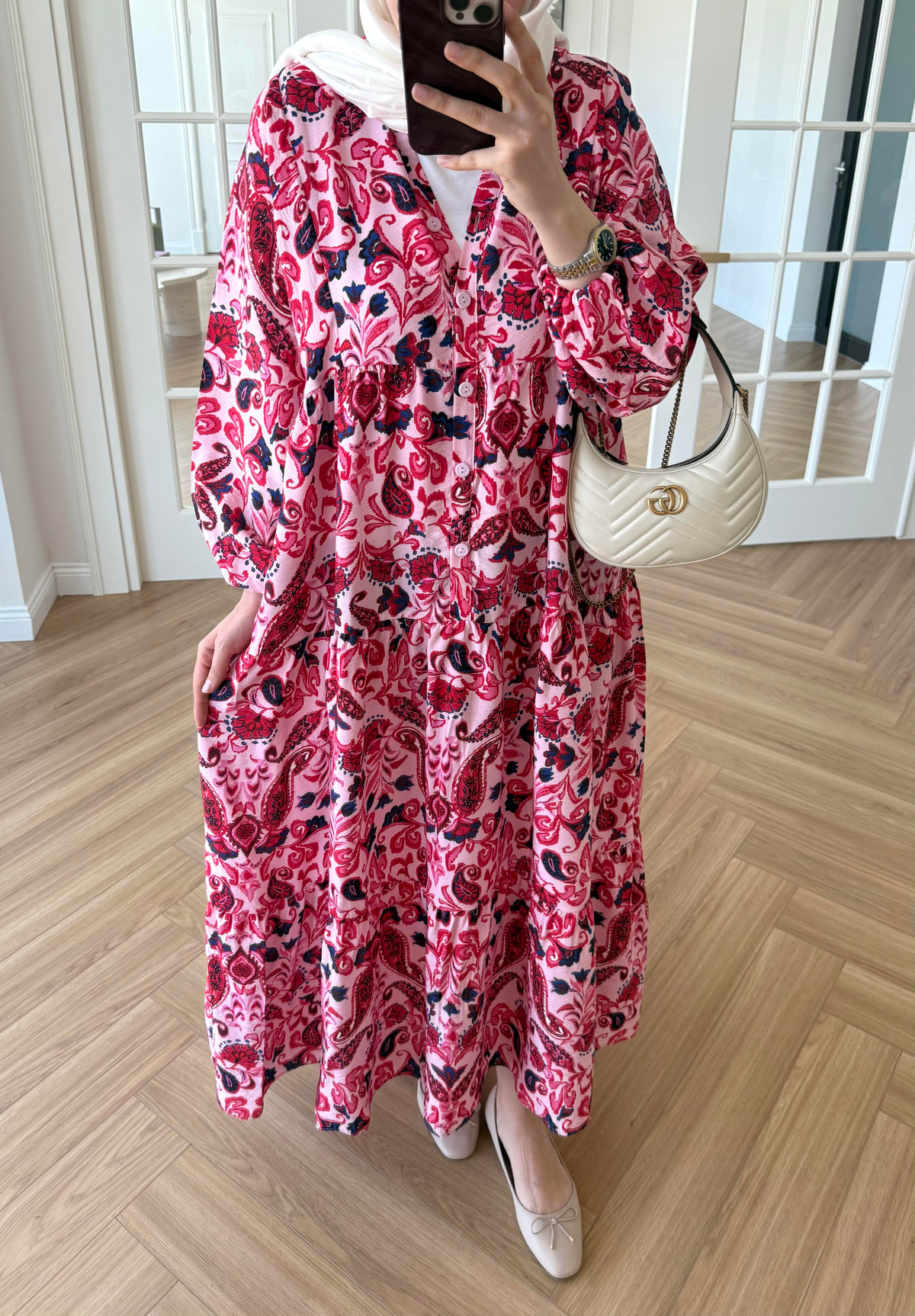 Nilya Şal Desen Mango Elbise Pembe