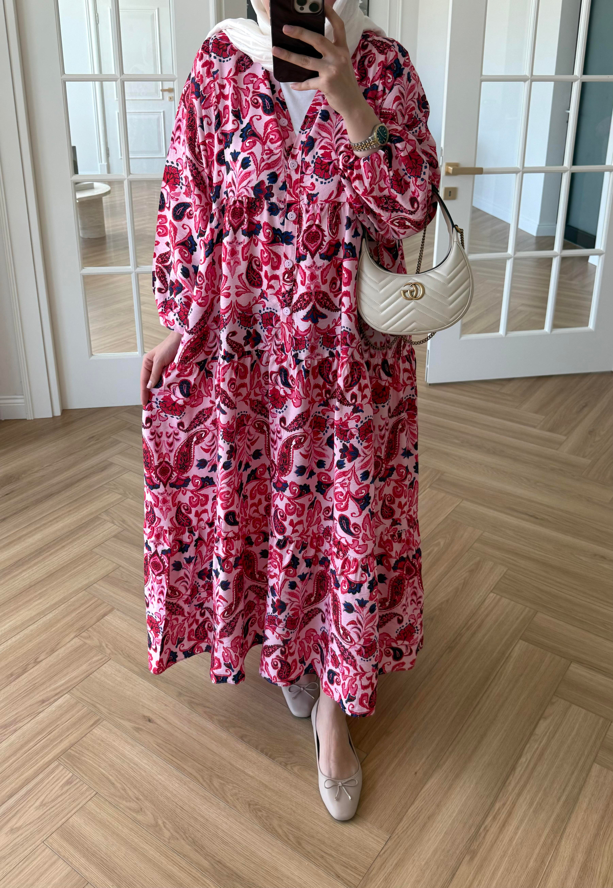 Nilya Şal Desen Mango Elbise Pembe