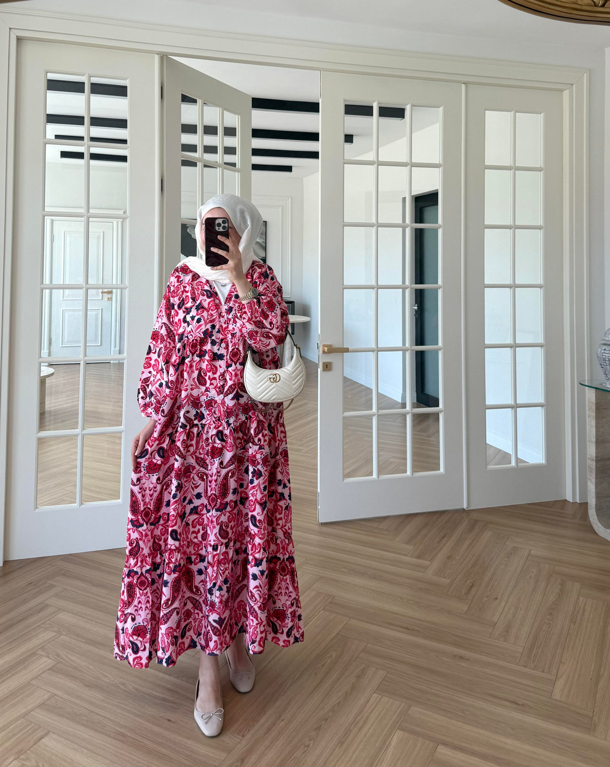 Nilya Şal Desen Mango Elbise Pembe