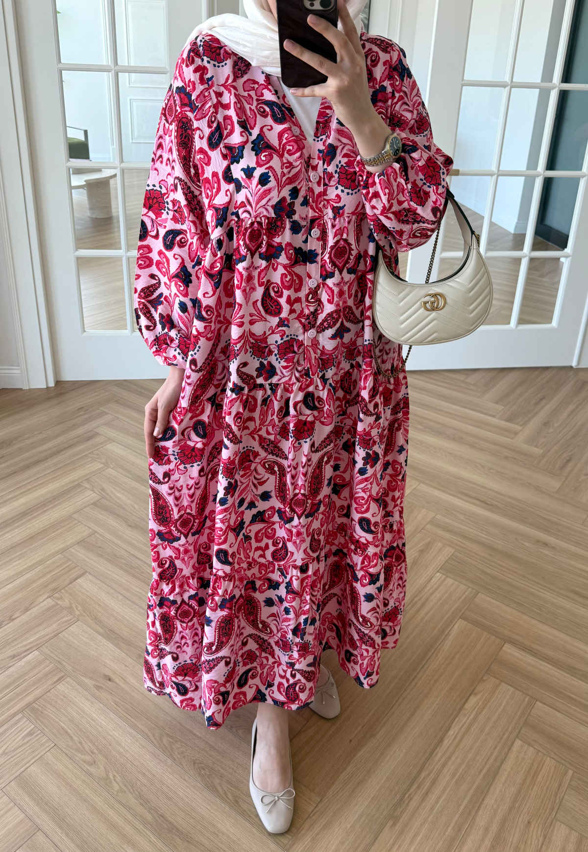 Nilya Şal Desen Mango Elbise Pembe