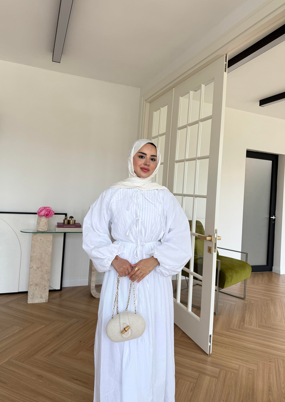 Nua Nervürlü Vual Elbise Ekru