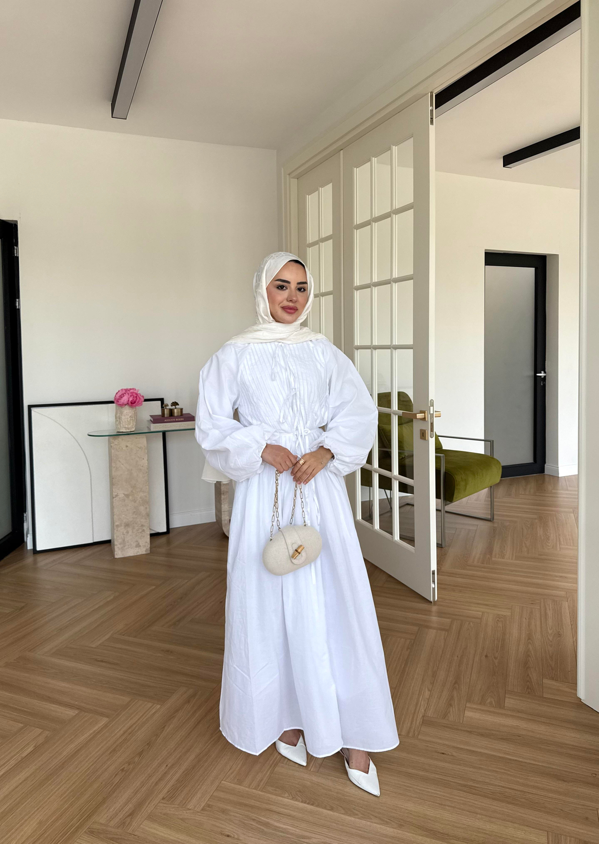 Nua Nervürlü Vual Elbise Ekru